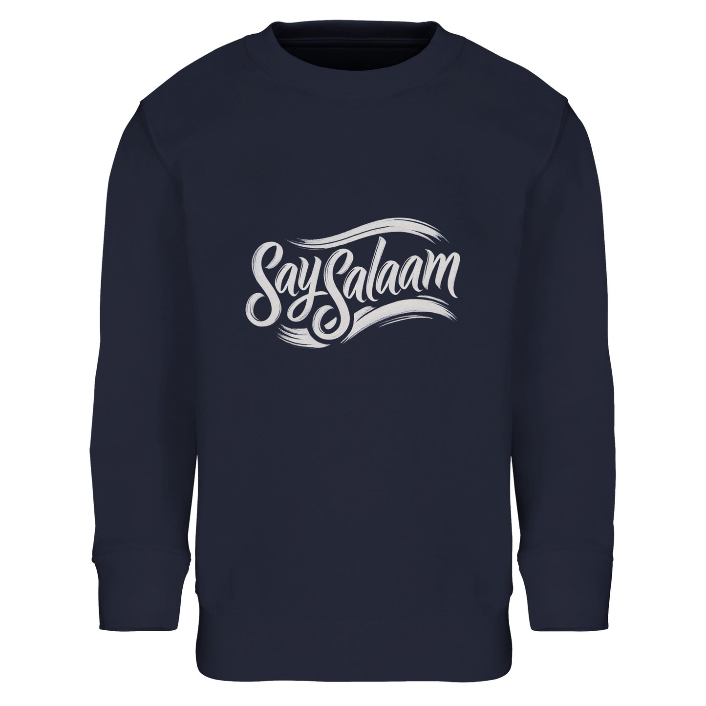 Say Salaam Classic Part-Recycled Cotton-Poly Kids Sweatshirt in French Navy, a deep navy tone close to ebony clay. Features white script logo across the chest. Crafted from 80% cotton and 20% recycled polyester with brushed fleece lining for warmth. Ribbed cuffs and hem provide durability for school uniforms, football supporters and modest everyday fashion.