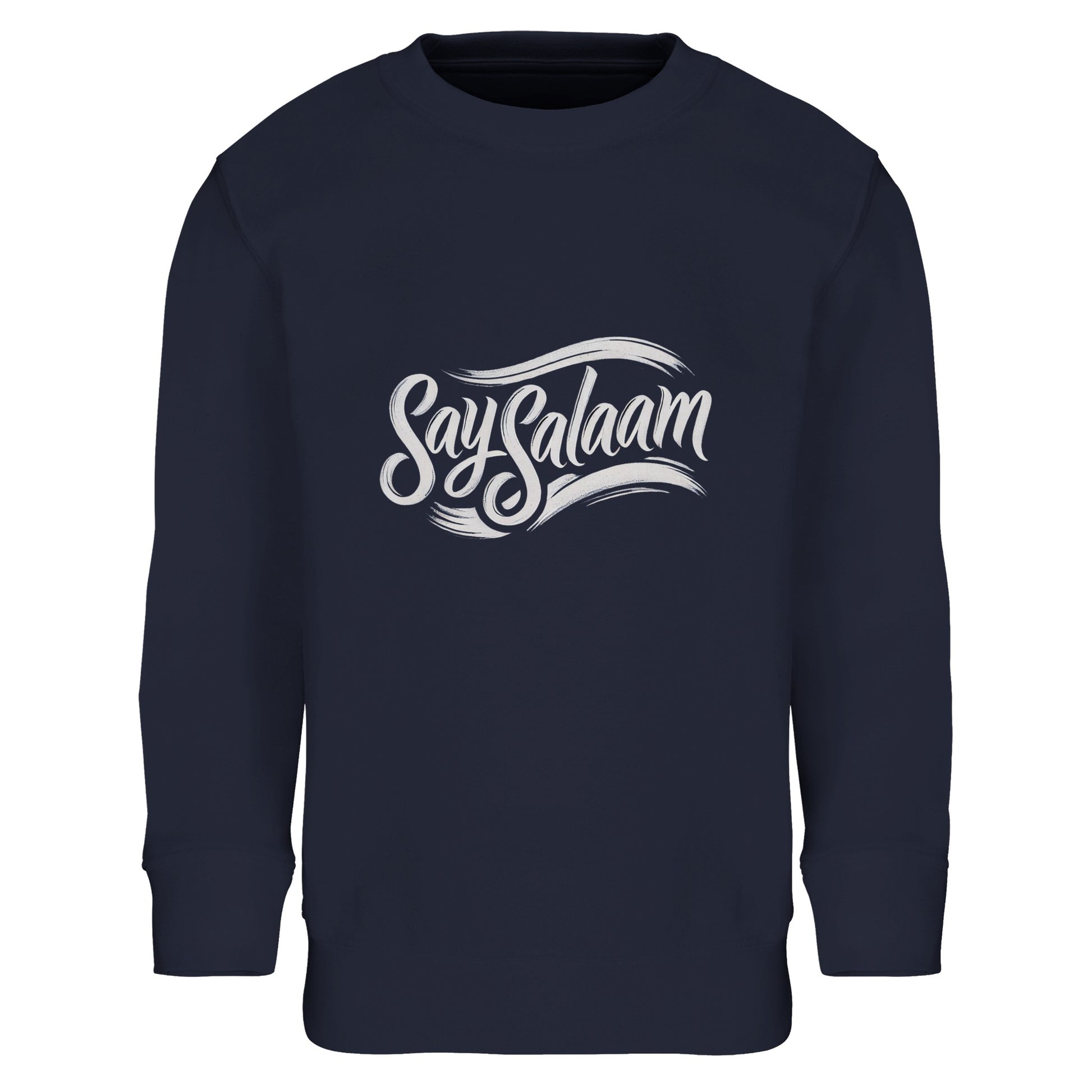 Say Salaam Classic Part-Recycled Cotton-Poly Kids Sweatshirt in French Navy, a deep navy tone close to ebony clay. Features white script logo across the chest. Crafted from 80% cotton and 20% recycled polyester with brushed fleece lining for warmth. Ribbed cuffs and hem provide durability for school uniforms, football supporters and modest everyday fashion.