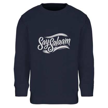 Say Salaam Classic Part-Recycled Cotton-Poly Kids Sweatshirt in French Navy, a deep navy tone close to ebony clay. Features white script logo across the chest. Crafted from 80% cotton and 20% recycled polyester with brushed fleece lining for warmth. Ribbed cuffs and hem provide durability for school uniforms, football supporters and modest everyday fashion.