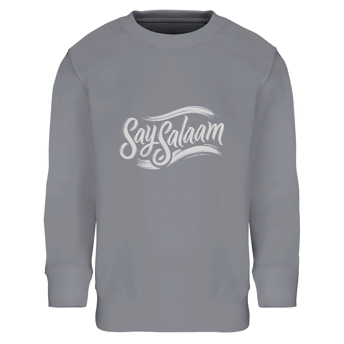Say Salaam Classic Part-Recycled Cotton-Poly Kids Sweatshirt in Grey Melange, a heather grey marl tone also known as classic athletic grey blend. Features a clean white Say Salaam script logo across the chest. Crafted from 80% cotton and 20% recycled polyester with brushed fleece lining for warmth. Ribbed cuffs and hem provide a structured fit for school, football training and everyday modest kids streetwear.