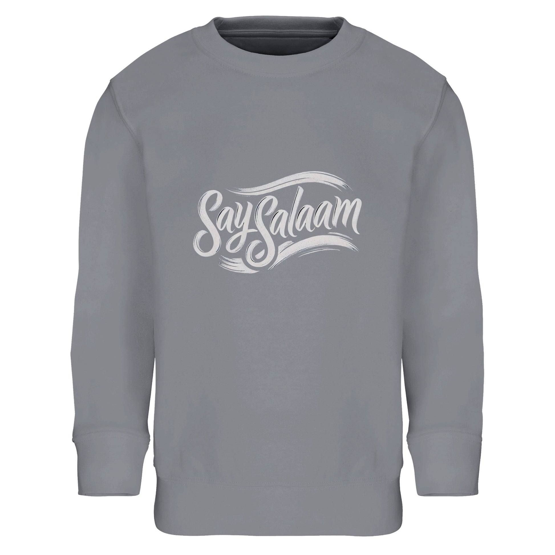 Say Salaam Classic Part-Recycled Cotton-Poly Kids Sweatshirt in Grey Melange, a heather grey marl tone also known as classic athletic grey blend. Features a clean white Say Salaam script logo across the chest. Crafted from 80% cotton and 20% recycled polyester with brushed fleece lining for warmth. Ribbed cuffs and hem provide a structured fit for school, football training and everyday modest kids streetwear.