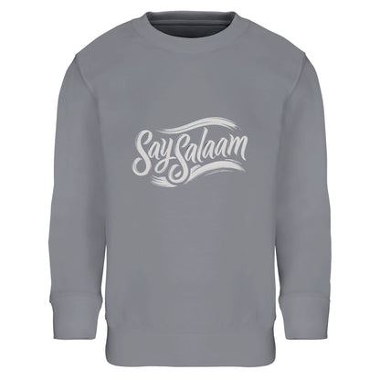 Say Salaam Classic Part-Recycled Cotton-Poly Kids Sweatshirt in Grey Melange, a heather grey marl tone also known as classic athletic grey blend. Features a clean white Say Salaam script logo across the chest. Crafted from 80% cotton and 20% recycled polyester with brushed fleece lining for warmth. Ribbed cuffs and hem provide a structured fit for school, football training and everyday modest kids streetwear.
