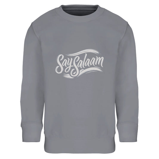 Say Salaam Classic Part-Recycled Cotton-Poly Kids Sweatshirt in Grey Melange, a heather grey marl tone also known as classic athletic grey blend. Features a clean white Say Salaam script logo across the chest. Crafted from 80% cotton and 20% recycled polyester with brushed fleece lining for warmth. Ribbed cuffs and hem provide a structured fit for school, football training and everyday modest kids streetwear.