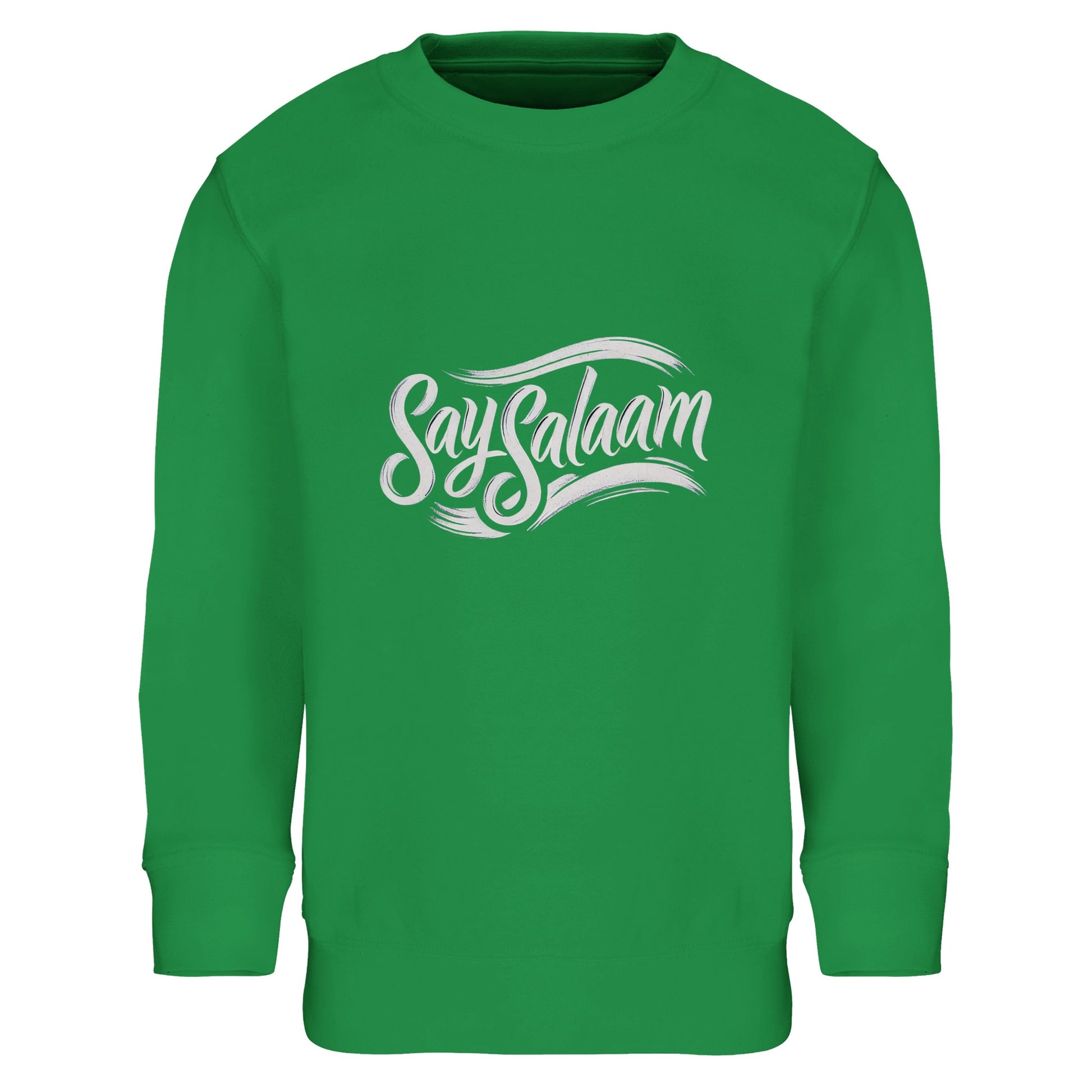 Say Salaam Classic Part-Recycled Cotton-Poly Kids Sweatshirt in Kelly Green, a vibrant fresh green tone similar to spring green. Features crisp white Say Salaam script logo. Constructed from 80% cotton and 20% recycled polyester with brushed fleece lining for warmth. Ribbed cuffs and hem support comfort and resilience for playground, football and modest streetwear styling.