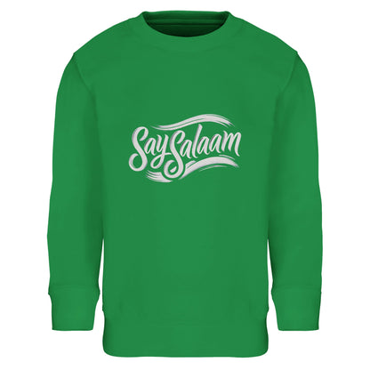 Say Salaam Classic Part-Recycled Cotton-Poly Kids Sweatshirt in Kelly Green, a vibrant fresh green tone similar to spring green. Features crisp white Say Salaam script logo. Constructed from 80% cotton and 20% recycled polyester with brushed fleece lining for warmth. Ribbed cuffs and hem support comfort and resilience for playground, football and modest streetwear styling.