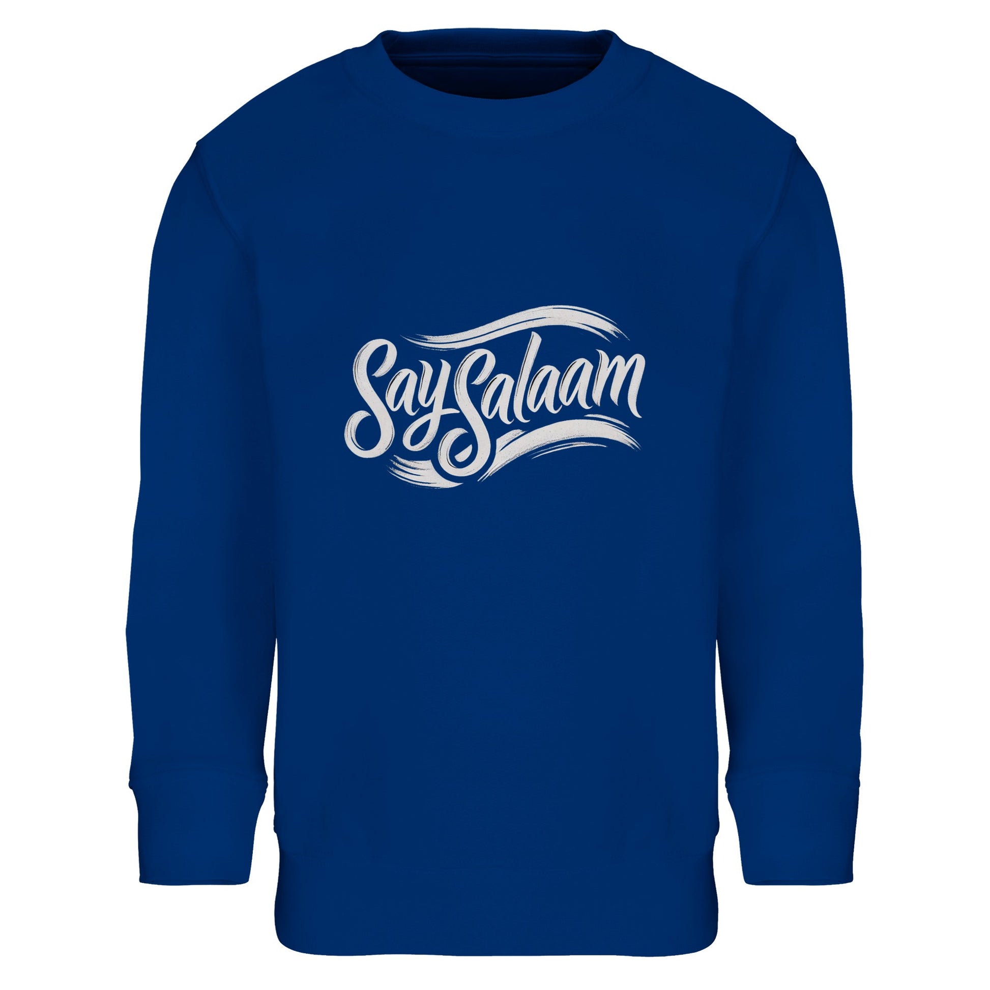 Say Salaam Classic Part-Recycled Cotton-Poly Kids Sweatshirt in Royal Blue, a vibrant cobalt blue shade with dark midnight blue depth. Includes white chest logo. Made from 80% cotton and 20% recycled polyester with brushed fleece lining. Ribbed trims maintain fit and structure for active children. Ideal for football fans, school and modest streetwear outfits, at a cheap price and high quality.