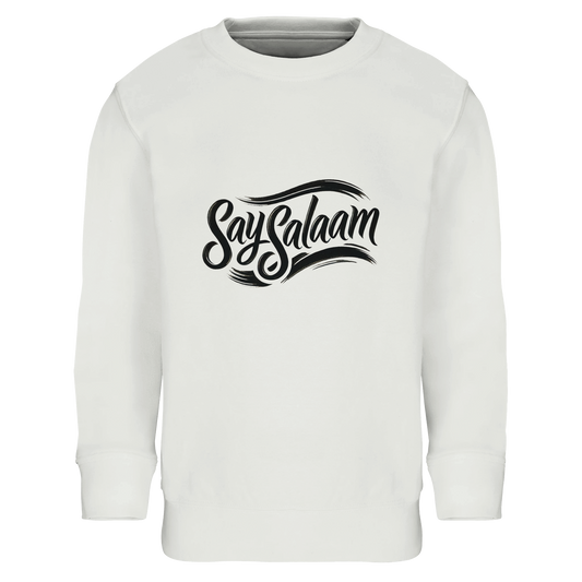 Say Salaam Classic Kids Sweatshirt in White, a clean bright white shade that works with everything. Designed for Muslim parents searching for a warm, comfortable sweatshirt at an affordable price with quality. Soft inner feel keeps children cosy during cooler days, while the relaxed fit allows easy movement for school, play and Salah times. Durable stitching and a premium finish give it a high quality look and feel. A practical winter essential for comfort, value and long lasting wear.