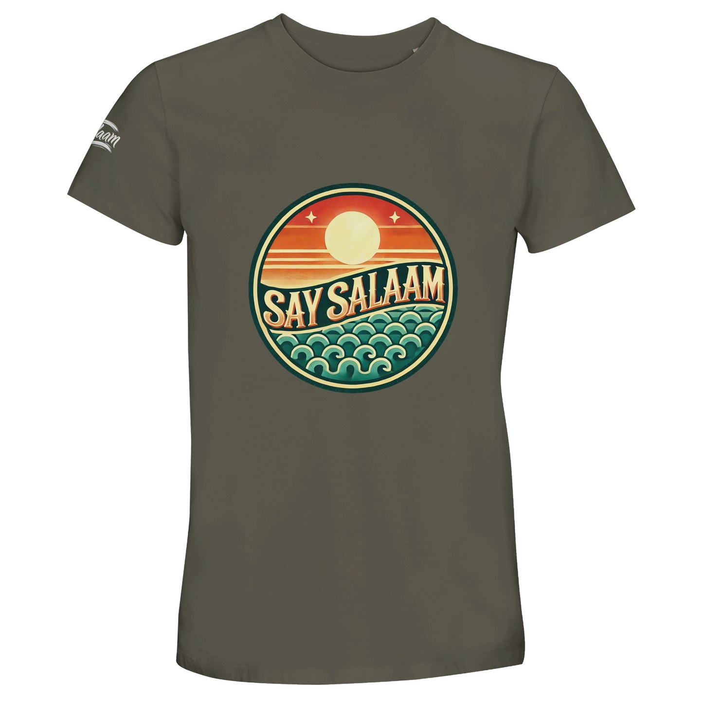 Say Salaam Sunset Glow 50% Recycled Unisex Cotton T-Shirt in Army, a muted olive tone similar to fuscous grey with subtle military green depth. The circular sunset badge stands out clearly against the earthy base, highlighting layered sun and wave graphics in bold retro contrast. Constructed from 100% cotton incorporating 50% recycled cotton for soft breathable comfort. Ideal for football culture, weekend wear and expressive modest Muslim streetwear.