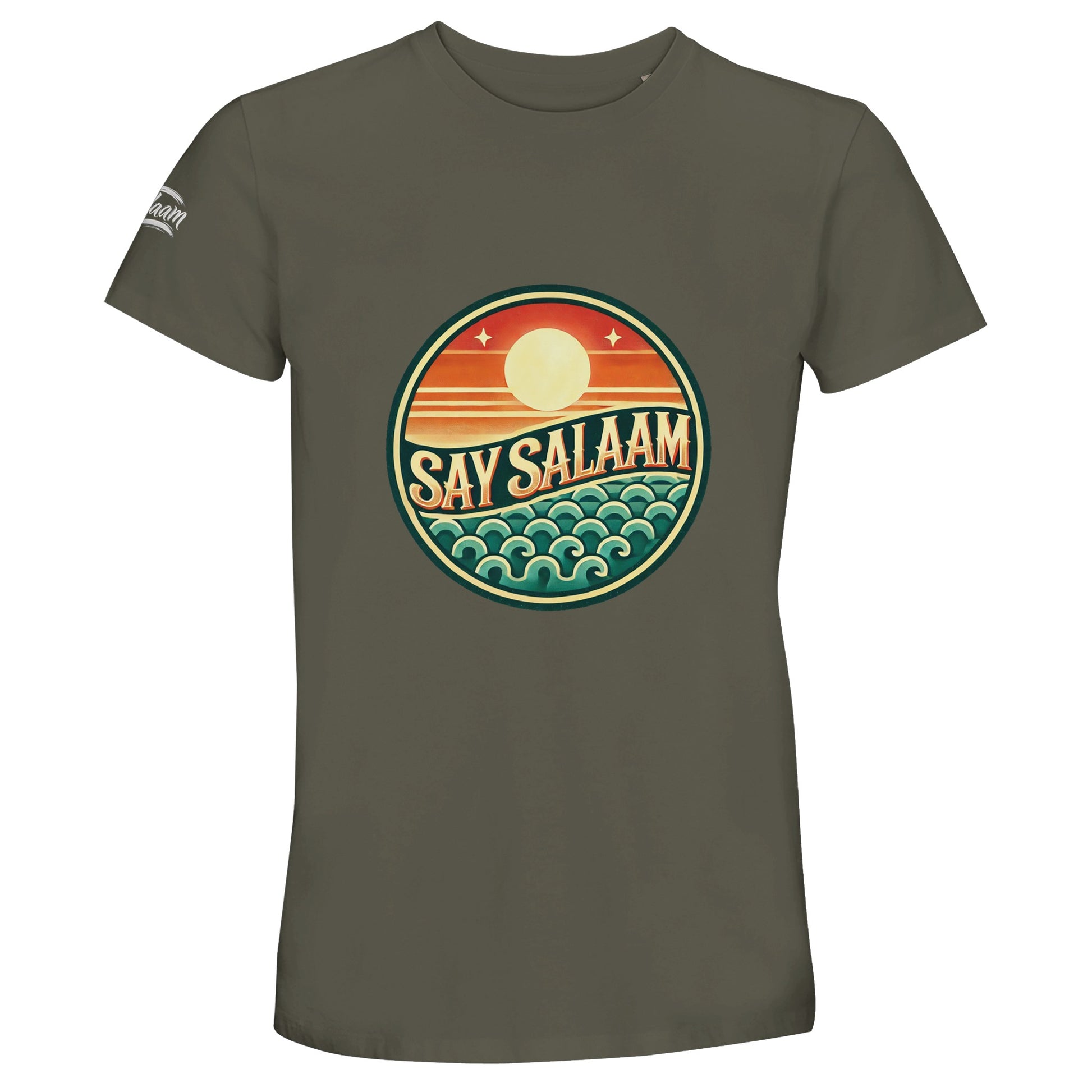 Say Salaam Sunset Glow 50% Recycled Unisex Cotton T-Shirt in Army, a muted olive tone similar to fuscous grey with subtle military green depth. The circular sunset badge stands out clearly against the earthy base, highlighting layered sun and wave graphics in bold retro contrast. Constructed from 100% cotton incorporating 50% recycled cotton for soft breathable comfort. Ideal for football culture, weekend wear and expressive modest Muslim streetwear.