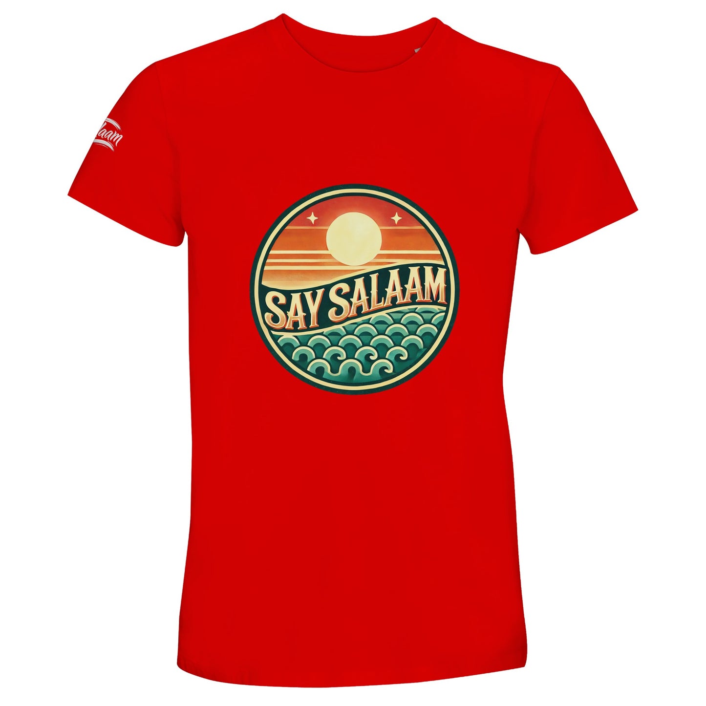 Say Salaam Sunset Glow 50% Recycled Unisex Cotton T-Shirt in Bright Red, a vivid scarlet shade comparable to Rosso Corsa racing red. The retro circular sunset design contrasts powerfully against the bold base colour, blending orange dusk gradients with teal ocean wave detailing. Made from 100% cotton with 50% recycled cotton content for lightweight comfort. A short-sleeve crew neck tee designed for confident football fans and modest youth streetwear.