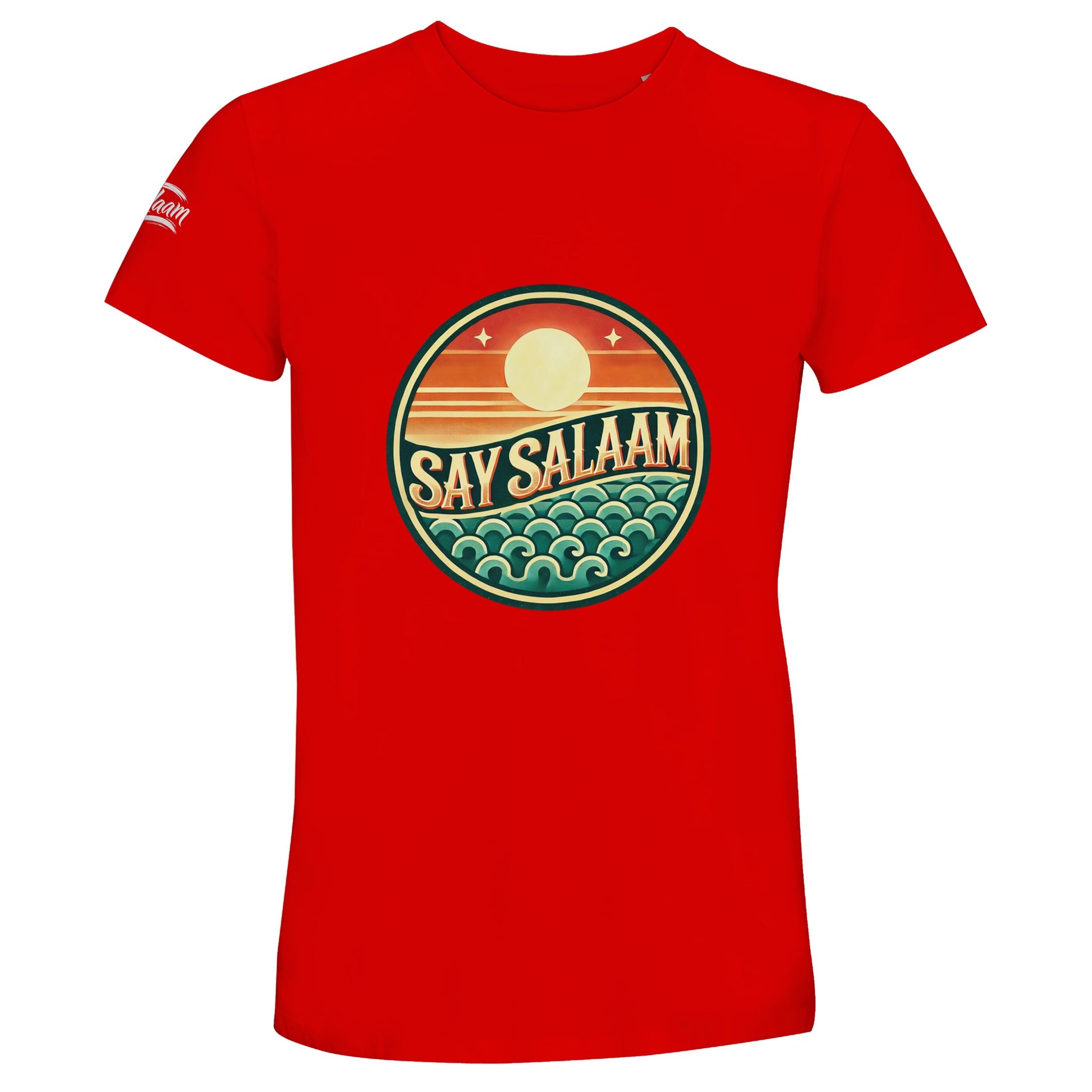 Say Salaam Sunset Glow 50% Recycled Unisex Cotton T-Shirt in Bright Red, a vivid scarlet shade comparable to Rosso Corsa racing red. The retro circular sunset design contrasts powerfully against the bold base colour, blending orange dusk gradients with teal ocean wave detailing. Made from 100% cotton with 50% recycled cotton content for lightweight comfort. A short-sleeve crew neck tee designed for confident football fans and modest youth streetwear.
