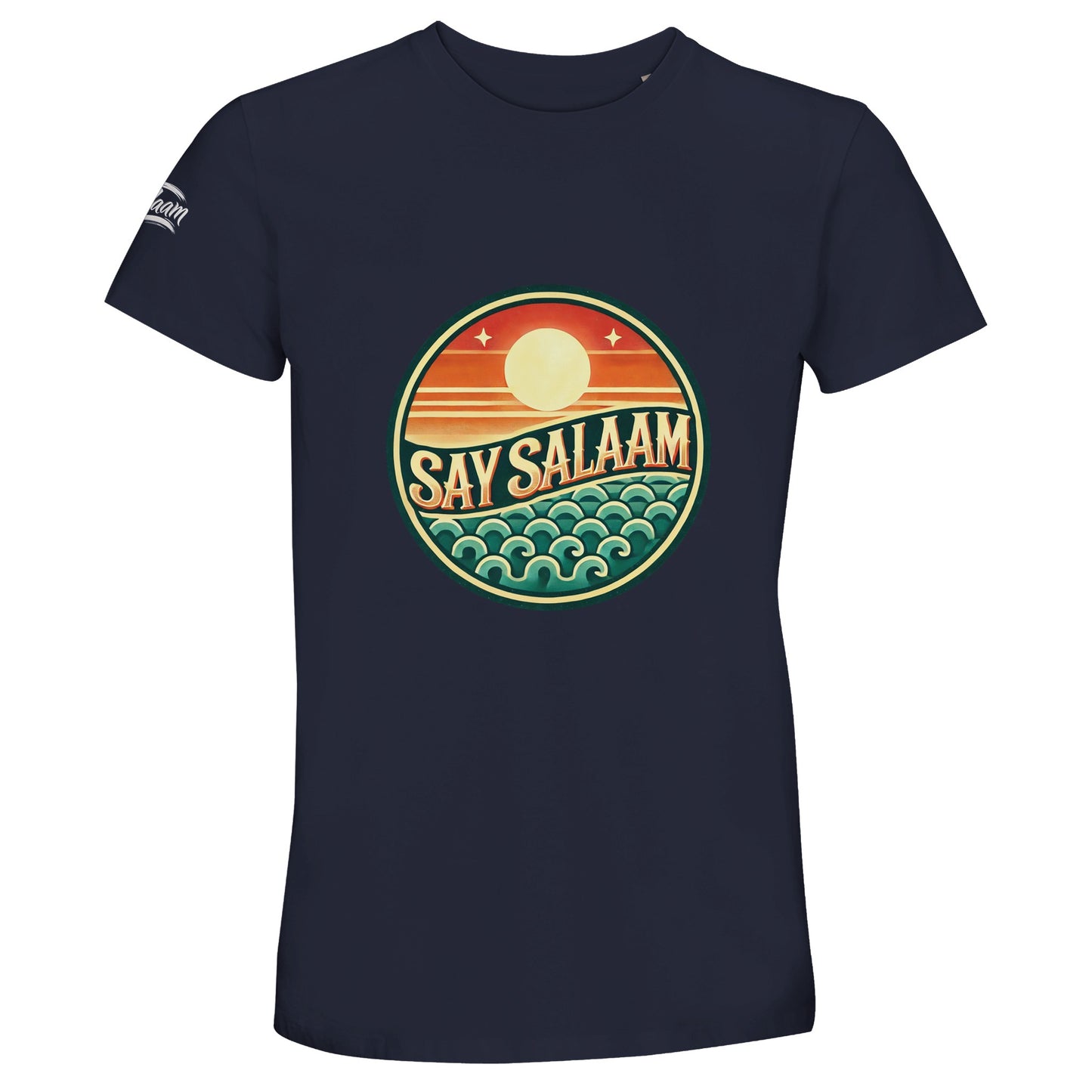 Say Salaam Sunset Glow 50% Recycled Unisex Cotton T-Shirt in French Navy, a deep navy tone close to ebony clay with rich midnight undertones. The warm sunset badge glows against the dark base, combining layered horizon stripes and stylised ocean waves in vintage-inspired colourways. Crafted from 100% cotton using 50% recycled cotton fibres for breathable durability. A versatile crew neck tee suited to football supporters, casual Friday wear and modest everyday fashion.