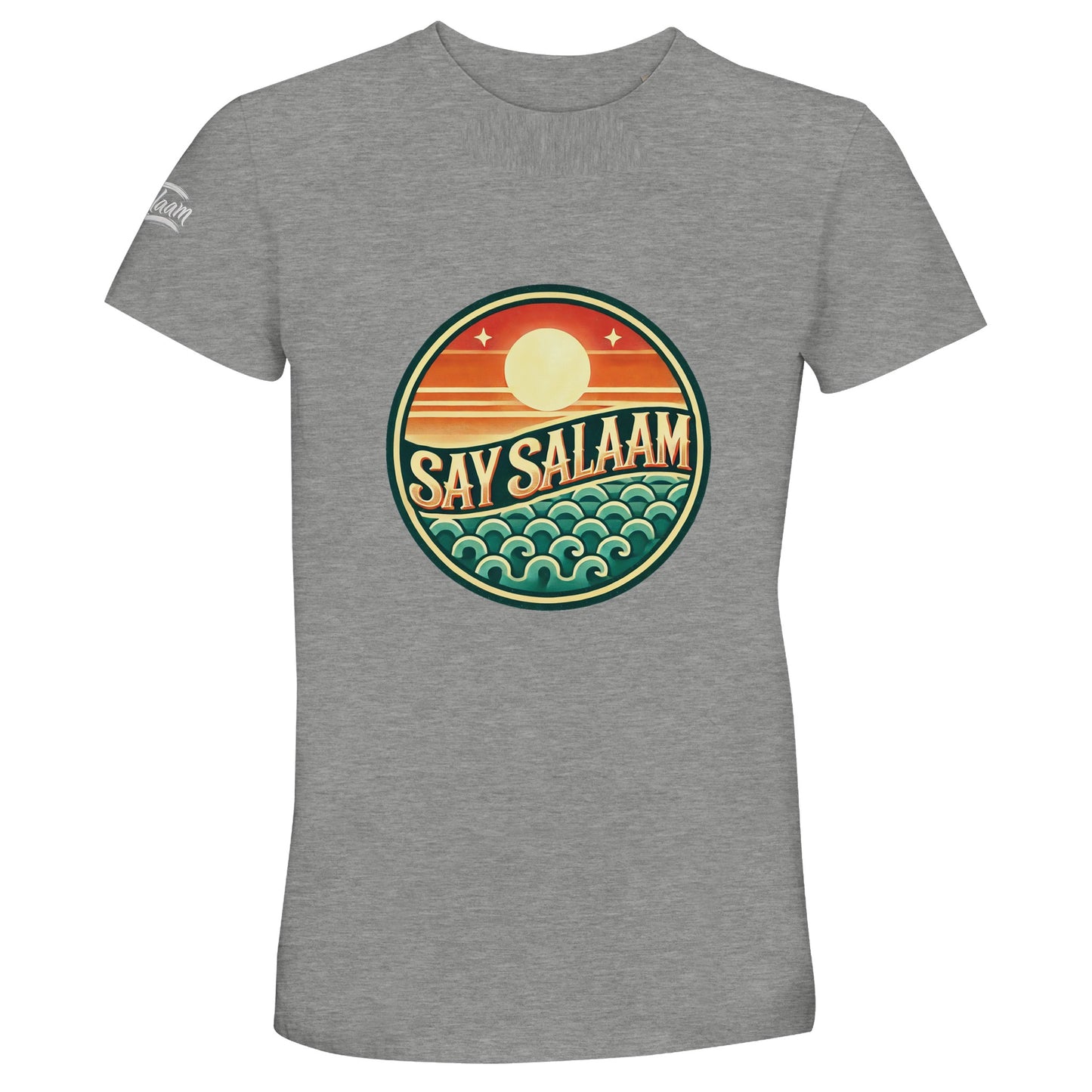 Say Salaam Sunset Glow 50% Recycled Unisex Cotton T-Shirt in Grey Melange, a heather marl tone also described as classic athletic grey blend. The vibrant Sunset Glow badge pops against the textured neutral background, combining warm horizon stripes with cool ocean-inspired detailing. Made from 100% cotton with 50% recycled cotton content for breathable wear. A versatile crew neck tee perfect for football supporters, school runs and modest contemporary street fashion.