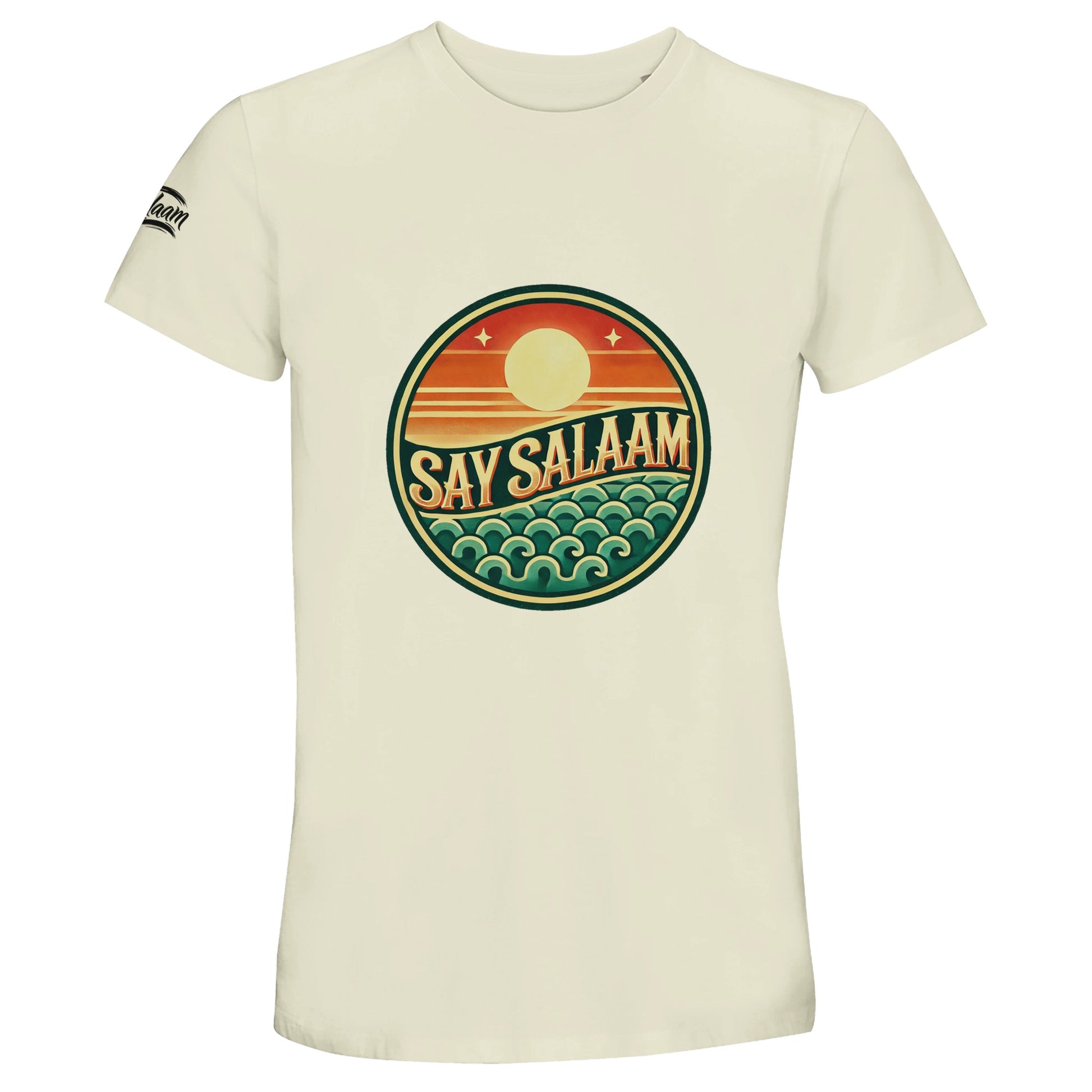 Say Salaam Sunset Glow 50% Recycled Unisex Cotton T-Shirt in Natural, a soft off-white tone similar to satin linen or light beige with subtle warmth. The circular sunset emblem contrasts gently against the neutral base, blending orange dusk gradients with deep teal wave graphics. Crafted from 100% cotton using 50% recycled cotton fibres for sustainable comfort and durability. A relaxed short-sleeve crew neck tee suited for football fans, community gatherings and everyday modest streetwear.