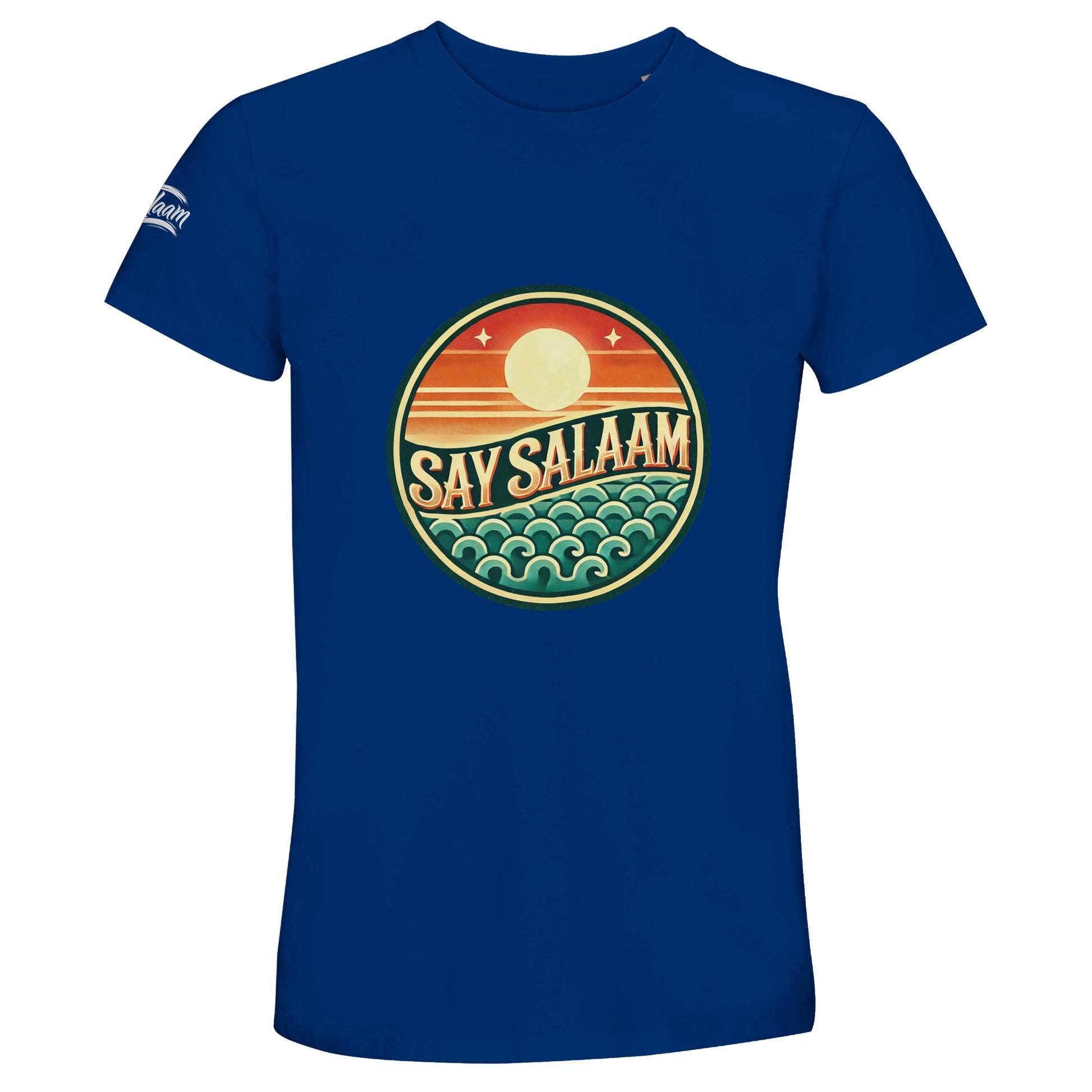 Say Salaam Sunset Glow 50% Recycled Unisex Cotton T-Shirt in Royal Blue, a vibrant cobalt tone with subtle dark midnight blue depth. The circular Sunset Glow emblem contrasts vividly, highlighting the rising sun motif and wave graphics in warm and cool layered hues. Made from 100% cotton with 50% recycled cotton blend for soft breathable wear. A standout short-sleeve crew neck tee for football culture, youth style and modest Muslim streetwear.