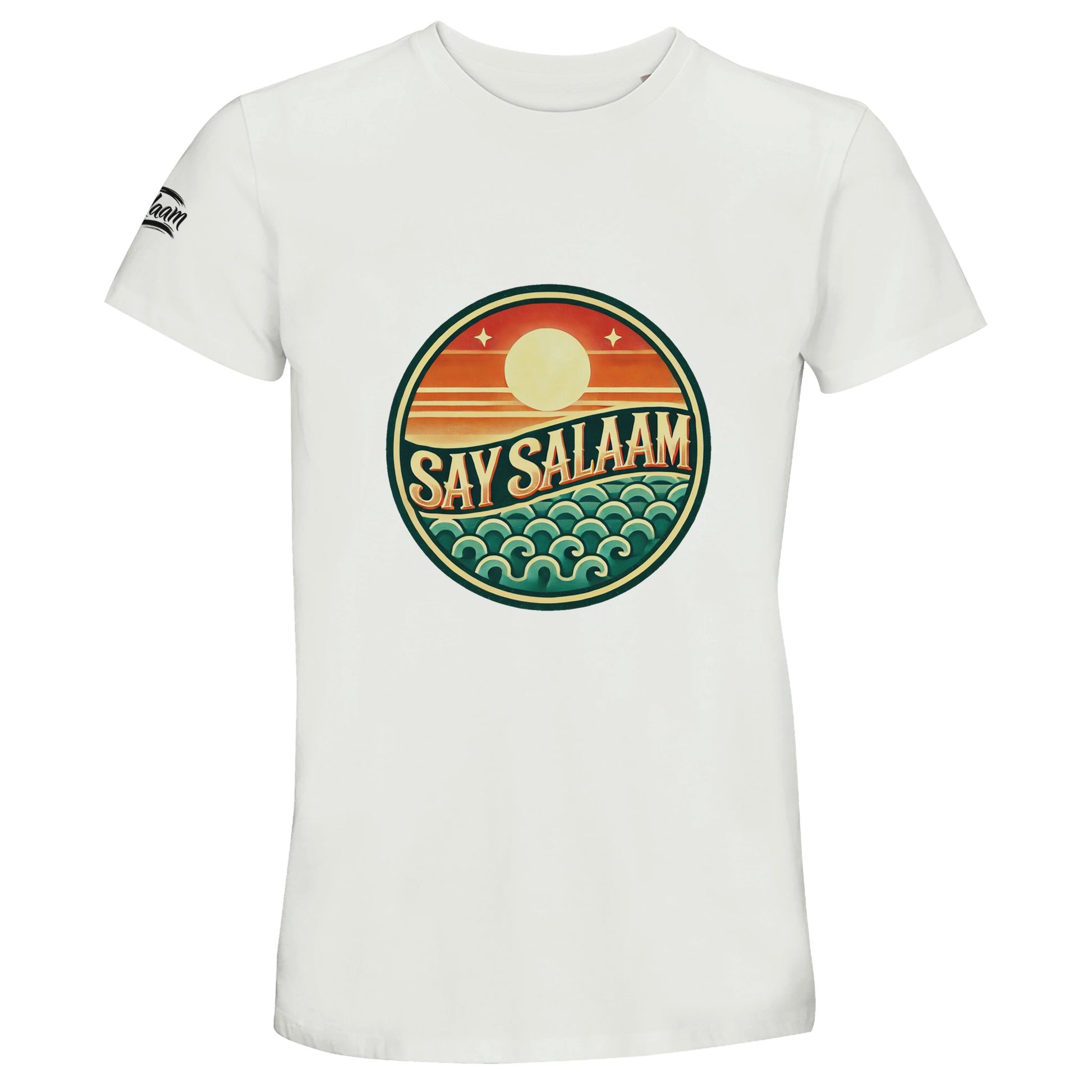 Say Salaam Sunset Glow 50% Recycled Unisex Cotton T-Shirt in White, a crisp clean white shade comparable to platinum white with a bright neutral finish. Features the bold circular Sunset Glow badge centred on the chest, showcasing a warm rising sun over layered horizon stripes and stylised teal ocean waves in retro tones. Made from recycled cotton blend for breathable everyday comfort. A short-sleeve crew neck tee ideal for football culture, mosque visits, summer wear and modest Muslim streetwear styling.