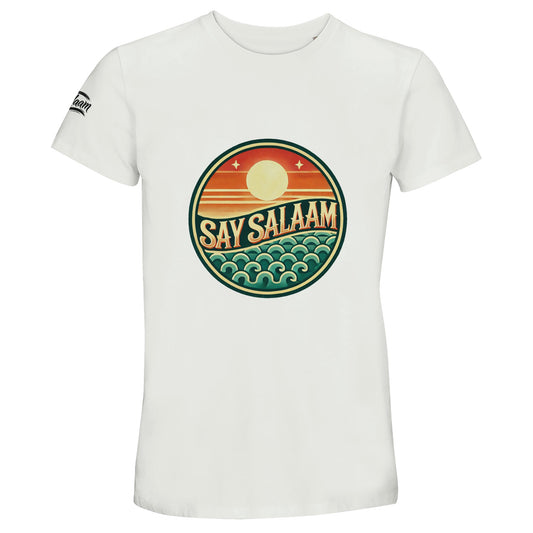 Say Salaam Sunset Glow 50% Recycled Unisex Cotton T-Shirt in White, a crisp clean white shade comparable to platinum white with a bright neutral finish. Features the bold circular Sunset Glow badge centred on the chest, showcasing a warm rising sun over layered horizon stripes and stylised teal ocean waves in retro tones. Made from recycled cotton blend for breathable everyday comfort. A short-sleeve crew neck tee ideal for football culture, mosque visits, summer wear and modest Muslim streetwear styling.