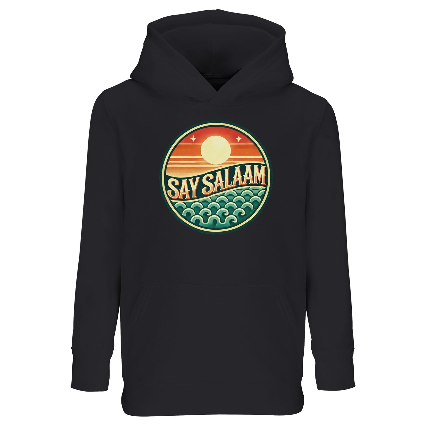 Say Salaam Sunset Glow Part-Recycled Cotton-Poly Kids Hoodie in Black, a deep jet black shade similar to Zeus charcoal black. The vibrant circular sunset emblem glows against the dark base, highlighting warm sun tones and cool teal wave detailing. Crafted from a cotton and recycled polyester blend with soft brushed fleece interior for warmth and durability. A relaxed fit hoodie designed for football fans, school days and modest children’s streetwear with confident Muslim identity.