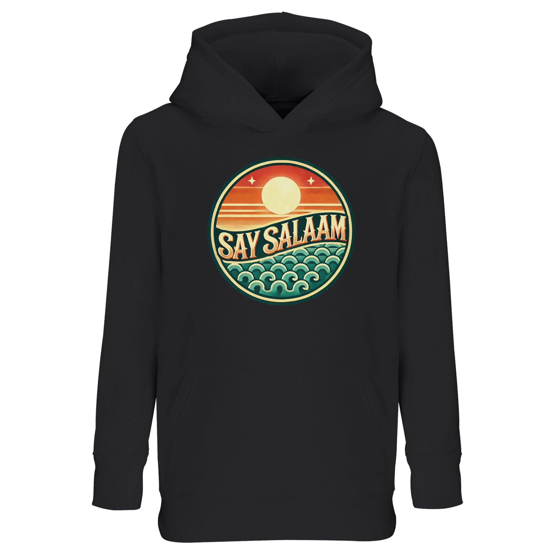 Say Salaam Sunset Glow Part-Recycled Cotton-Poly Kids Hoodie in Black, a deep jet black shade similar to Zeus charcoal black. The vibrant circular sunset emblem glows against the dark base, highlighting warm sun tones and cool teal wave detailing. Crafted from a cotton and recycled polyester blend with soft brushed fleece interior for warmth and durability. A relaxed fit hoodie designed for football fans, school days and modest children’s streetwear with confident Muslim identity.