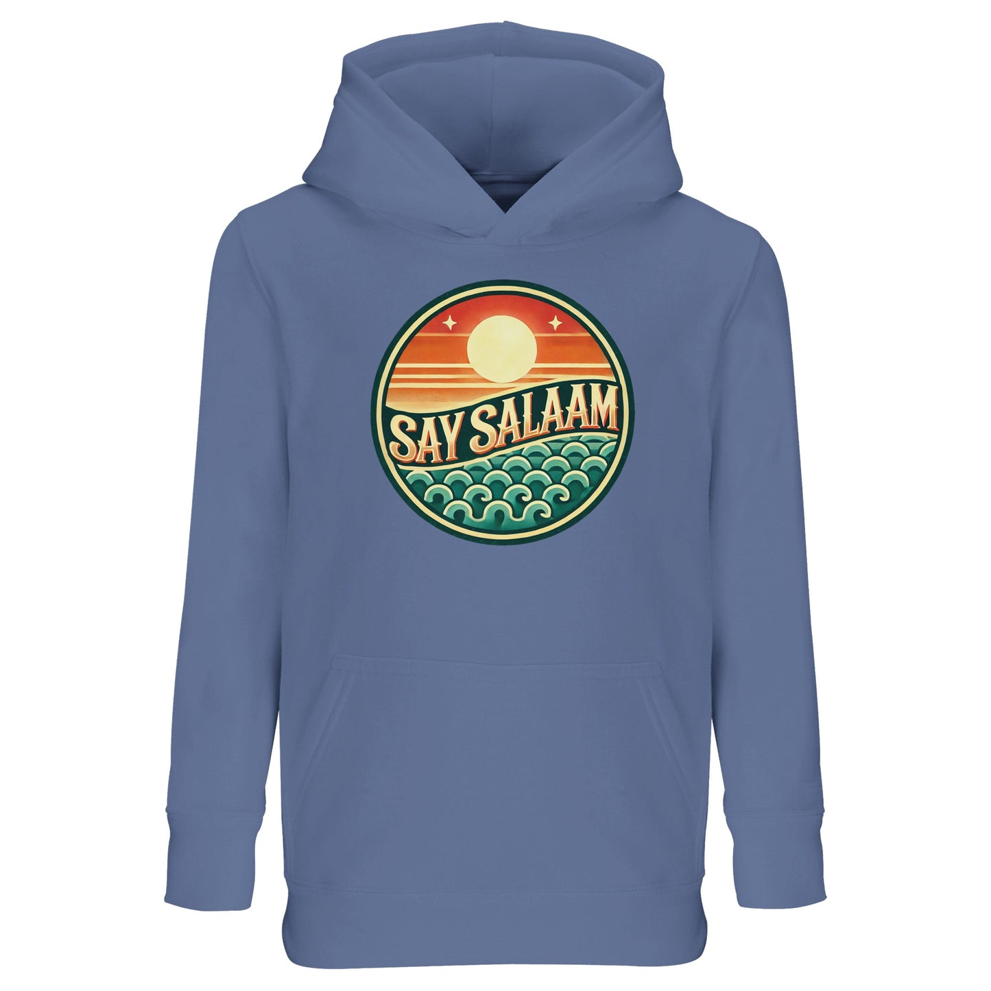 Say Salaam Sunset Glow Part-Recycled Cotton-Poly Kids Hoodie in Blue, a classic mid blue shade with subtle marble blue and blue-grey undertones. The circular Sunset Glow emblem contrasts strongly against the blue base, blending warm horizon colours and cool ocean wave graphics. Cotton and recycled polyester construction with brushed fleece lining ensures warmth and durability. A relaxed fit hoodie perfect for football fans and modest youth streetwear.