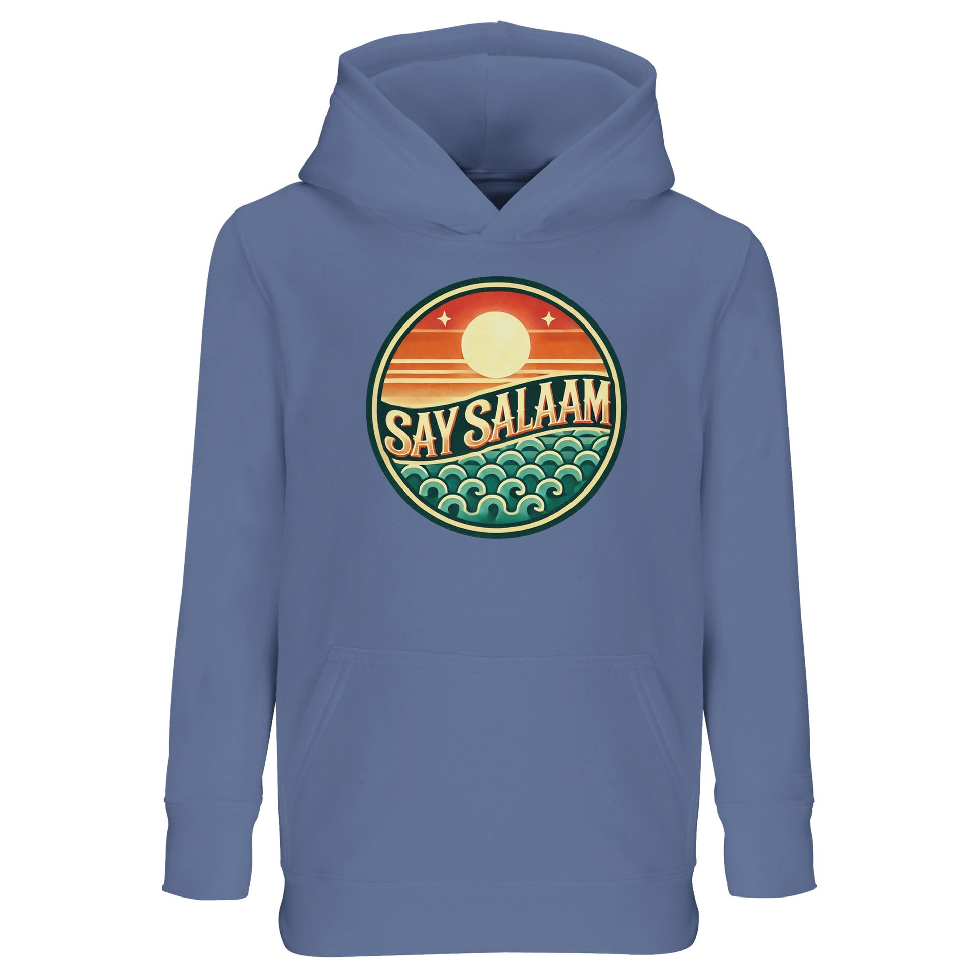 Say Salaam Sunset Glow Part-Recycled Cotton-Poly Kids Hoodie in Blue, a classic mid blue shade with subtle marble blue and blue-grey undertones. The circular Sunset Glow emblem contrasts strongly against the blue base, blending warm horizon colours and cool ocean wave graphics. Cotton and recycled polyester construction with brushed fleece lining ensures warmth and durability. A relaxed fit hoodie perfect for football fans and modest youth streetwear.