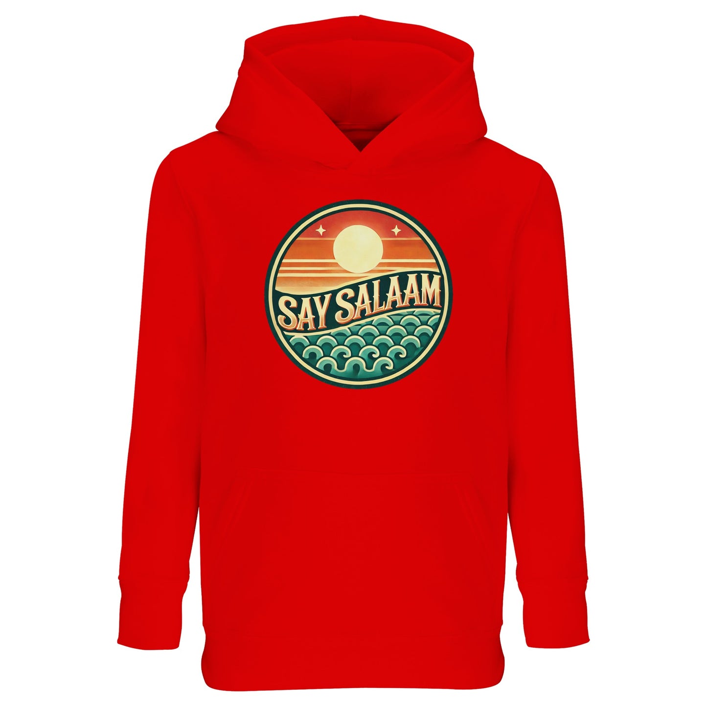 Say Salaam Sunset Glow Part-Recycled Cotton-Poly Kids Hoodie in Bright Red, a bold scarlet tone comparable to Rosso Corsa racing red. The retro sunset badge contrasts vividly against the red base, combining layered horizon graphics and ocean-inspired wave patterns. Made from a cotton and recycled polyester blend with brushed fleece lining for cooler weather comfort. Relaxed fit for active movement, ideal for football culture, weekend wear and expressive modest kids fashion.