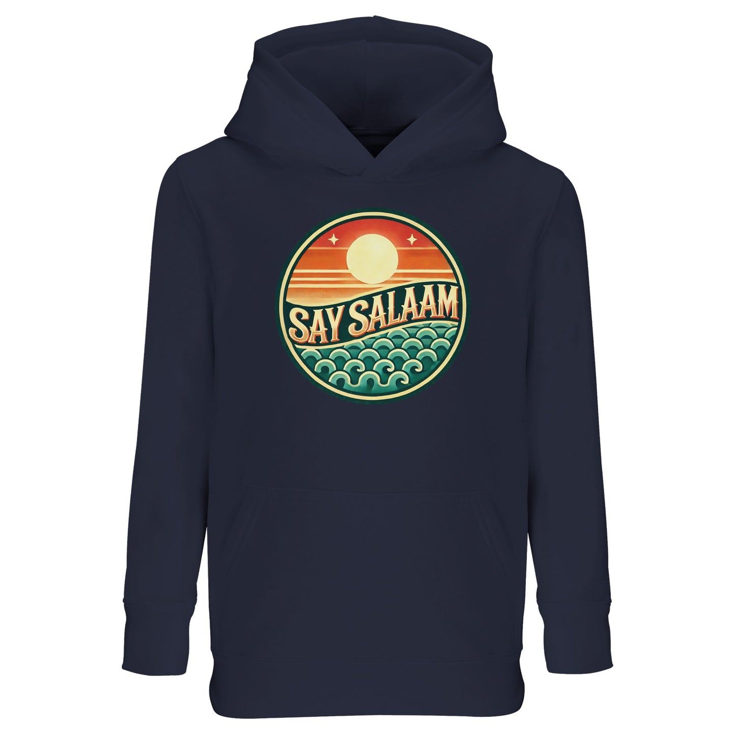 Say Salaam Sunset Glow Part-Recycled Cotton-Poly Kids Hoodie in French Navy, a deep navy shade close to ebony clay with rich midnight undertones. The warm sunset badge contrasts vividly against the dark base, combining retro surf-inspired styling with modest streetwear appeal. Crafted from a cotton and recycled polyester blend with brushed fleece lining for warmth. Relaxed fit ensures comfort for school, football and everyday Muslim youth fashion.
