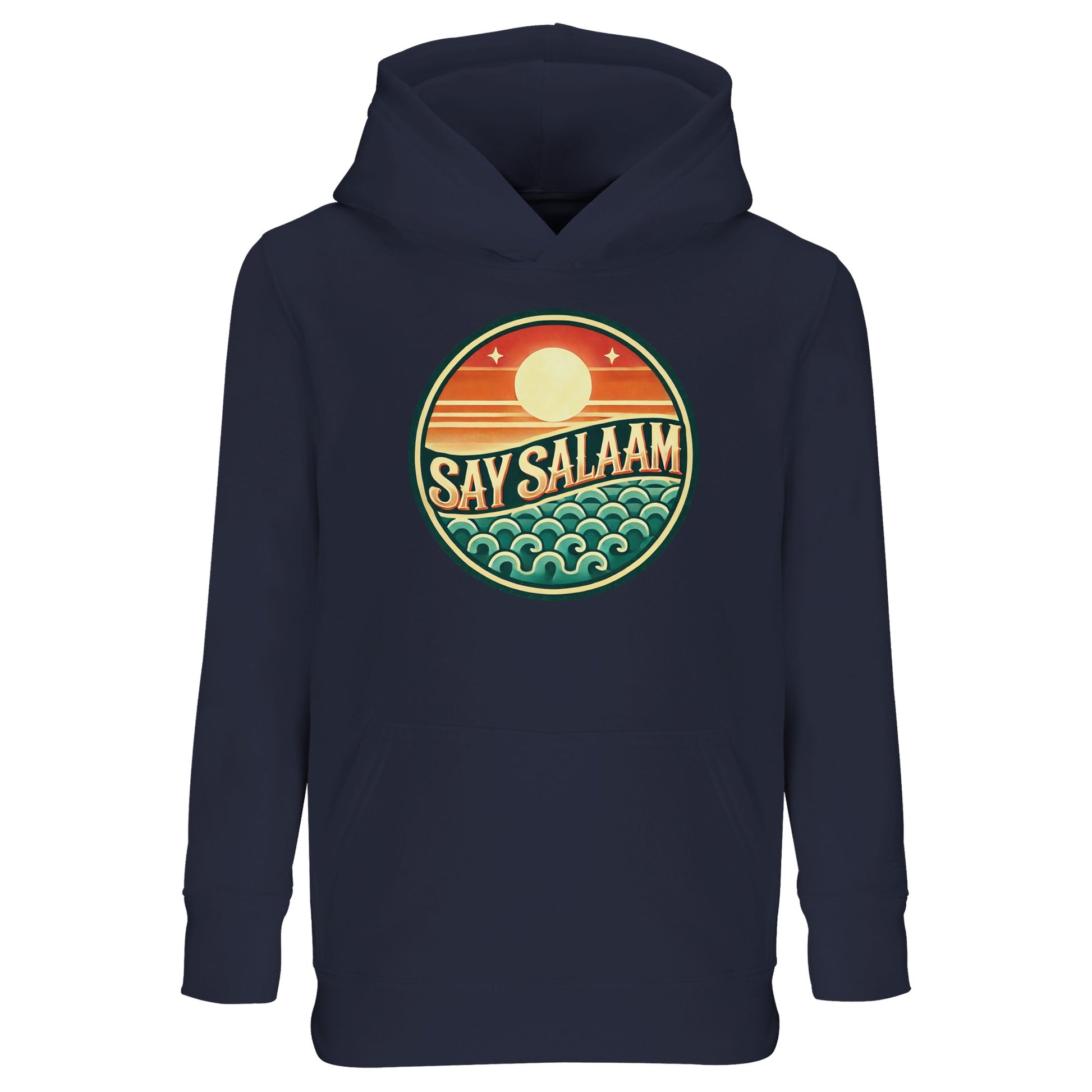 Say Salaam Sunset Glow Part-Recycled Cotton-Poly Kids Hoodie in French Navy, a deep navy shade close to ebony clay with rich midnight undertones. The warm sunset badge contrasts vividly against the dark base, combining retro surf-inspired styling with modest streetwear appeal. Crafted from a cotton and recycled polyester blend with brushed fleece lining for warmth. Relaxed fit ensures comfort for school, football and everyday Muslim youth fashion.