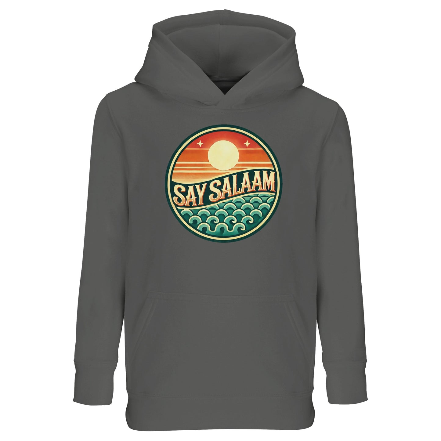 Say Salaam Sunset Glow Part-Recycled Cotton-Poly Kids Hoodie in Grey Melange, a heather grey marl tone also described as classic athletic grey blend. The vibrant sunset badge pops clearly against the textured neutral background. Crafted from a cotton and recycled polyester blend with soft brushed fleece interior for warmth. Designed with a relaxed fit for easy movement during football training, school and everyday modest wear.