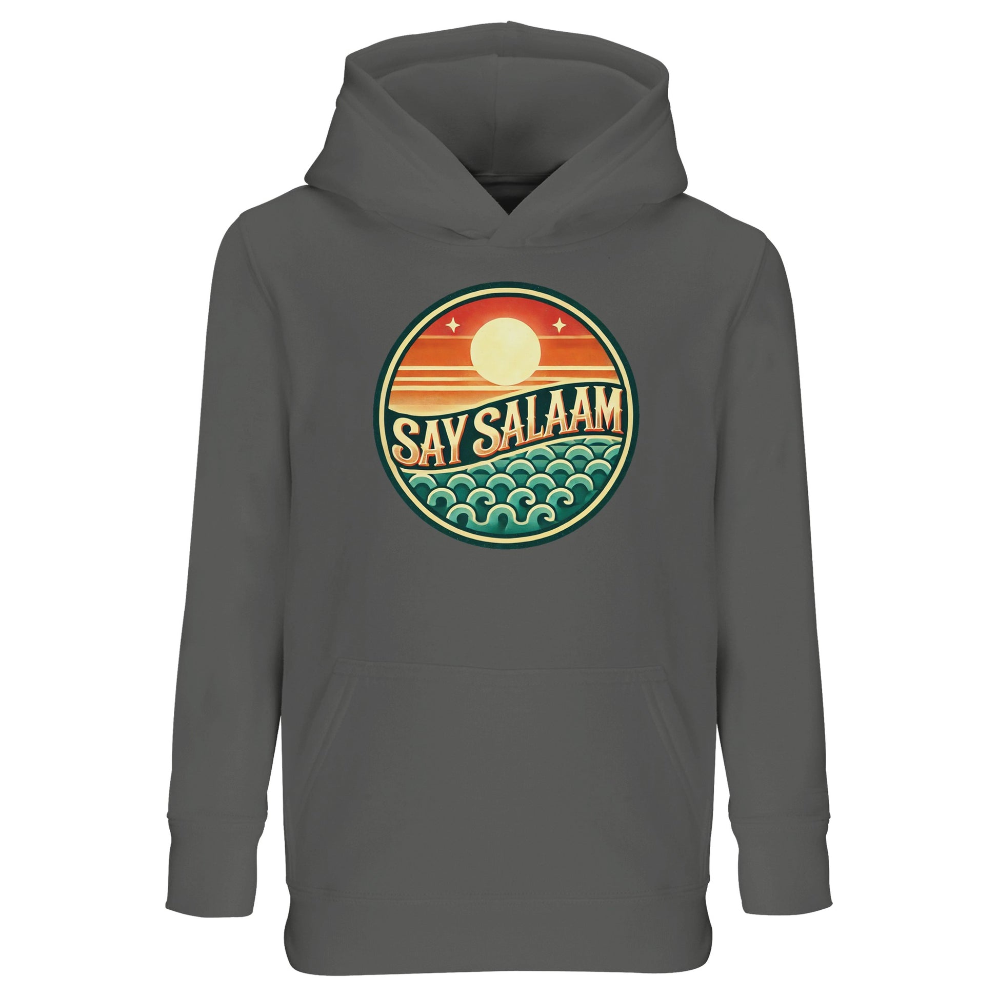 Say Salaam Sunset Glow Part-Recycled Cotton-Poly Kids Hoodie in Grey Melange, a heather grey marl tone also described as classic athletic grey blend. The vibrant sunset badge pops clearly against the textured neutral background. Crafted from a cotton and recycled polyester blend with soft brushed fleece interior for warmth. Designed with a relaxed fit for easy movement during football training, school and everyday modest wear.