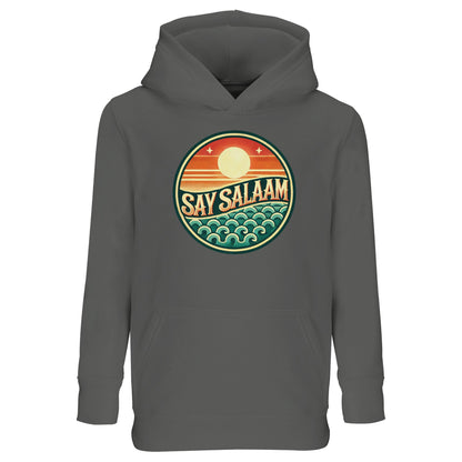 Say Salaam Sunset Glow Part-Recycled Cotton-Poly Kids Hoodie in Grey Melange, a heather grey marl tone also described as classic athletic grey blend. The vibrant sunset badge pops clearly against the textured neutral background. Crafted from a cotton and recycled polyester blend with soft brushed fleece interior for warmth. Designed with a relaxed fit for easy movement during football training, school and everyday modest wear.