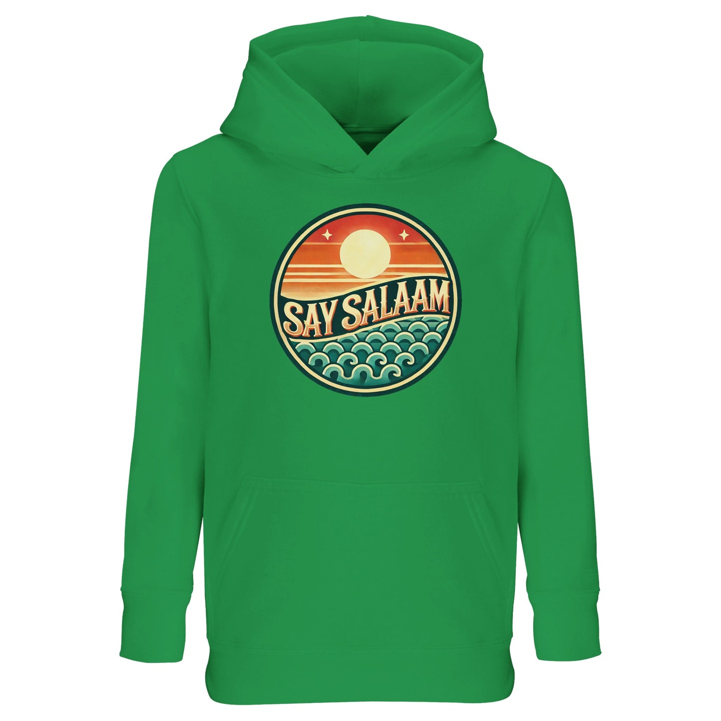 Say Salaam Sunset Glow Part-Recycled Cotton-Poly Kids Hoodie in Kelly Green, a vibrant fresh green shade comparable to spring green with subtle eucalyptus tones. The bold circular sunset emblem stands out clearly, featuring layered sun and ocean wave graphics in rich contrasting colours. Made from a cotton and recycled polyester blend with brushed fleece lining for warmth and durability. Relaxed fit hoodie ideal for active play, football culture and modest kids streetwear.