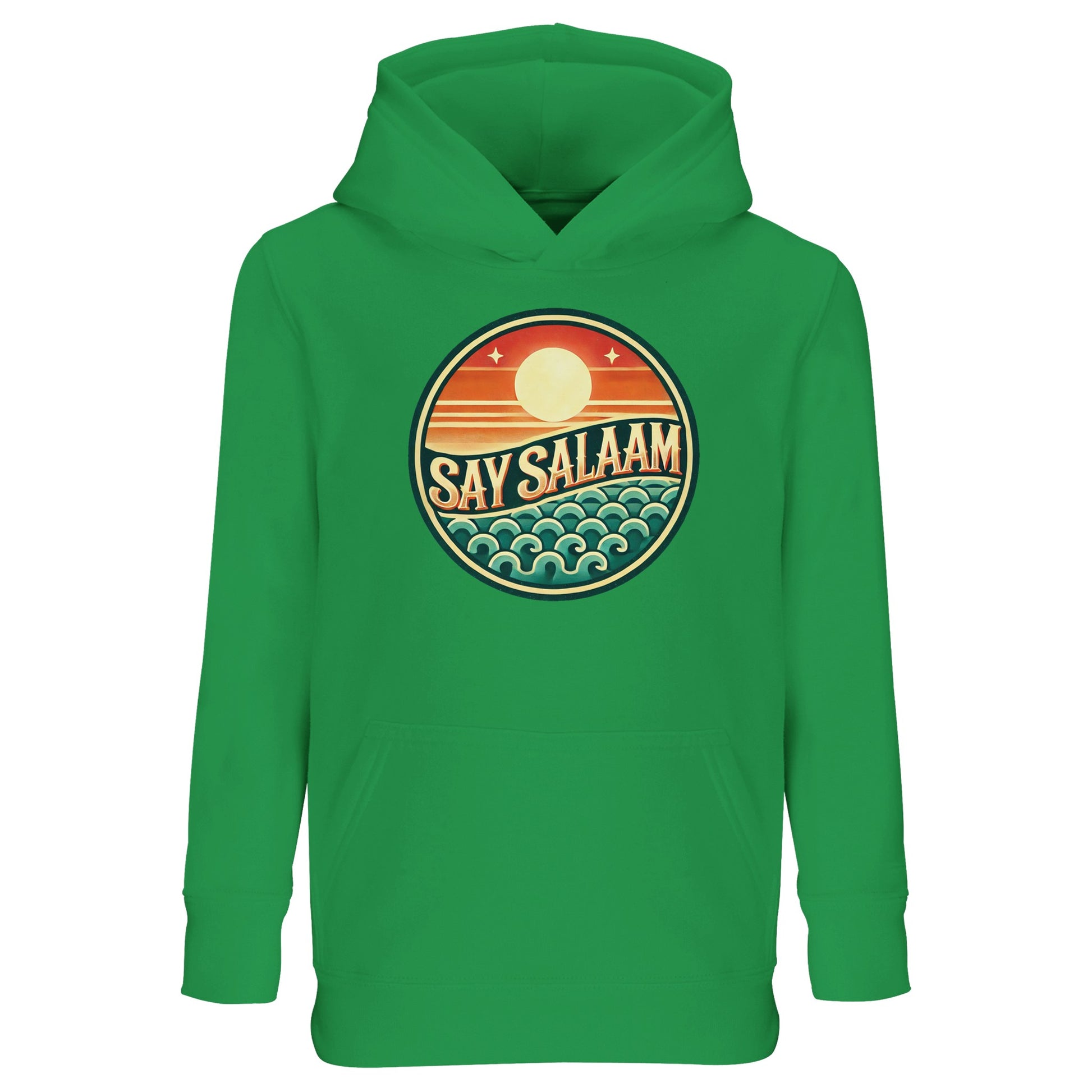 Say Salaam Sunset Glow Part-Recycled Cotton-Poly Kids Hoodie in Kelly Green, a vibrant fresh green shade comparable to spring green with subtle eucalyptus tones. The bold circular sunset emblem stands out clearly, featuring layered sun and ocean wave graphics in rich contrasting colours. Made from a cotton and recycled polyester blend with brushed fleece lining for warmth and durability. Relaxed fit hoodie ideal for active play, football culture and modest kids streetwear.