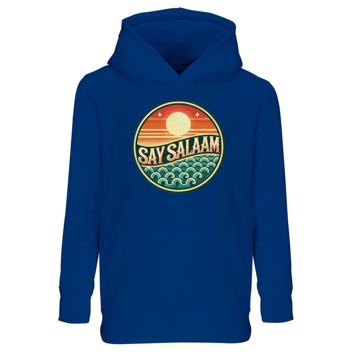 Say Salaam Sunset Glow Part-Recycled Cotton-Poly Kids Hoodie in Royal Blue, a vibrant cobalt blue tone with subtle dark midnight depth. The circular Sunset Glow design stands out with warm sunset oranges and cool teal wave elements. Constructed from a cotton and recycled polyester blend featuring brushed fleece for warmth and durability. A versatile relaxed-fit hoodie suited to school outfits, football supporters and modest everyday children’s streetwear.