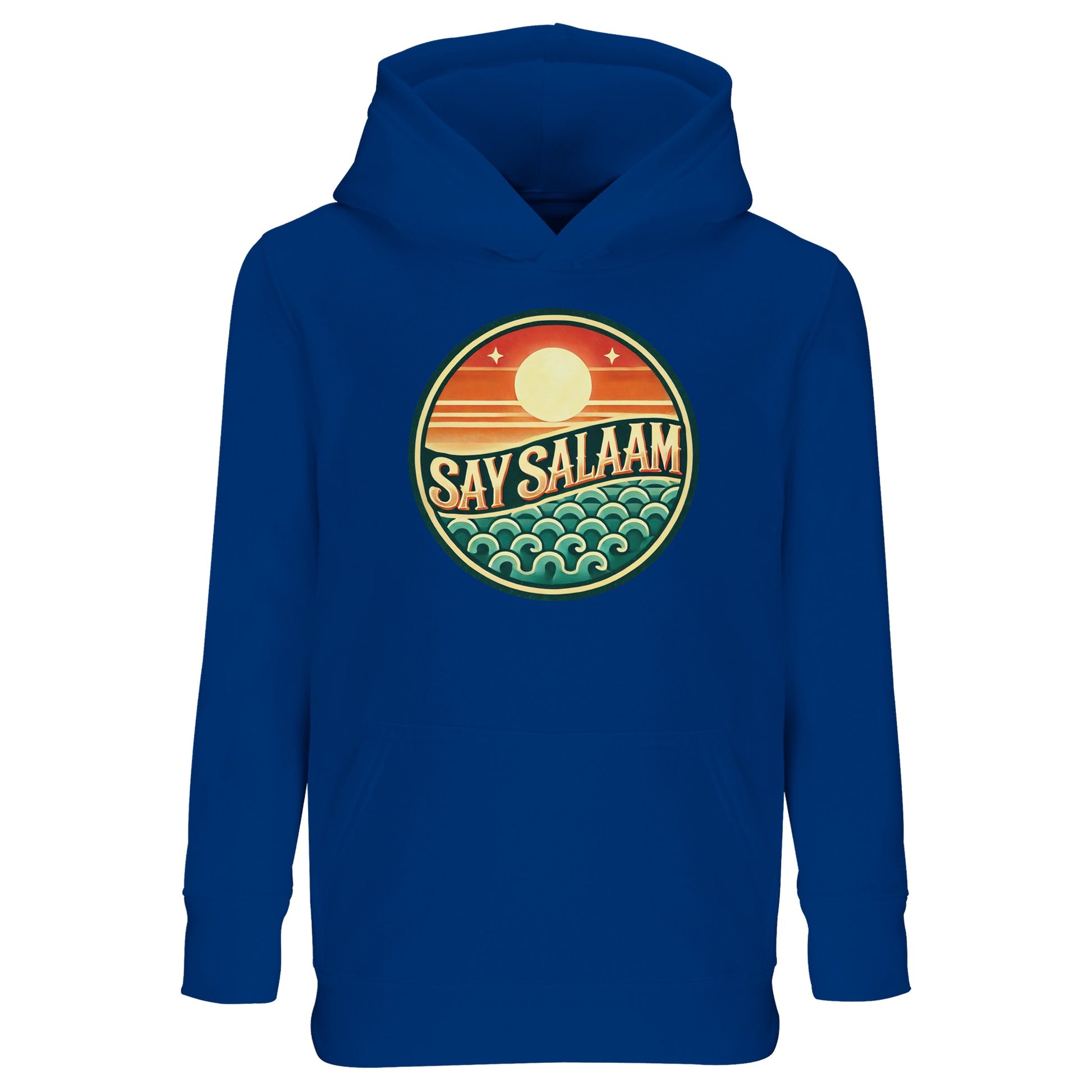 Say Salaam Sunset Glow Part-Recycled Cotton-Poly Kids Hoodie in Royal Blue, a vibrant cobalt blue tone with subtle dark midnight depth. The circular Sunset Glow design stands out with warm sunset oranges and cool teal wave elements. Constructed from a cotton and recycled polyester blend featuring brushed fleece for warmth and durability. A versatile relaxed-fit hoodie suited to school outfits, football supporters and modest everyday children’s streetwear.