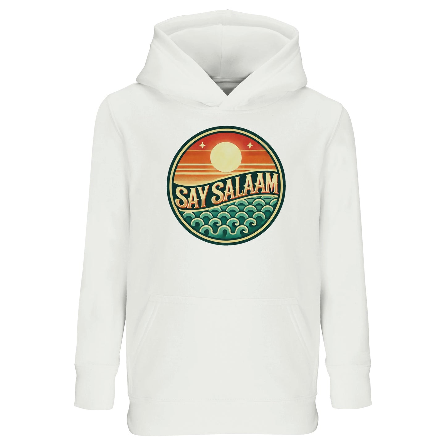 Say Salaam Sunset Glow Part-Recycled Cotton-Poly Kids Hoodie in White, a crisp white tone comparable to platinum white with a clean bright finish. Features the bold circular Sunset Glow badge on the chest, showcasing a rising sun over layered horizon stripes and stylised ocean waves in warm orange, deep red and teal green. Made from a cotton and recycled polyester blend with brushed fleece lining for warmth. Relaxed fit allows easy movement for school, mosque visits and everyday modest streetwear.