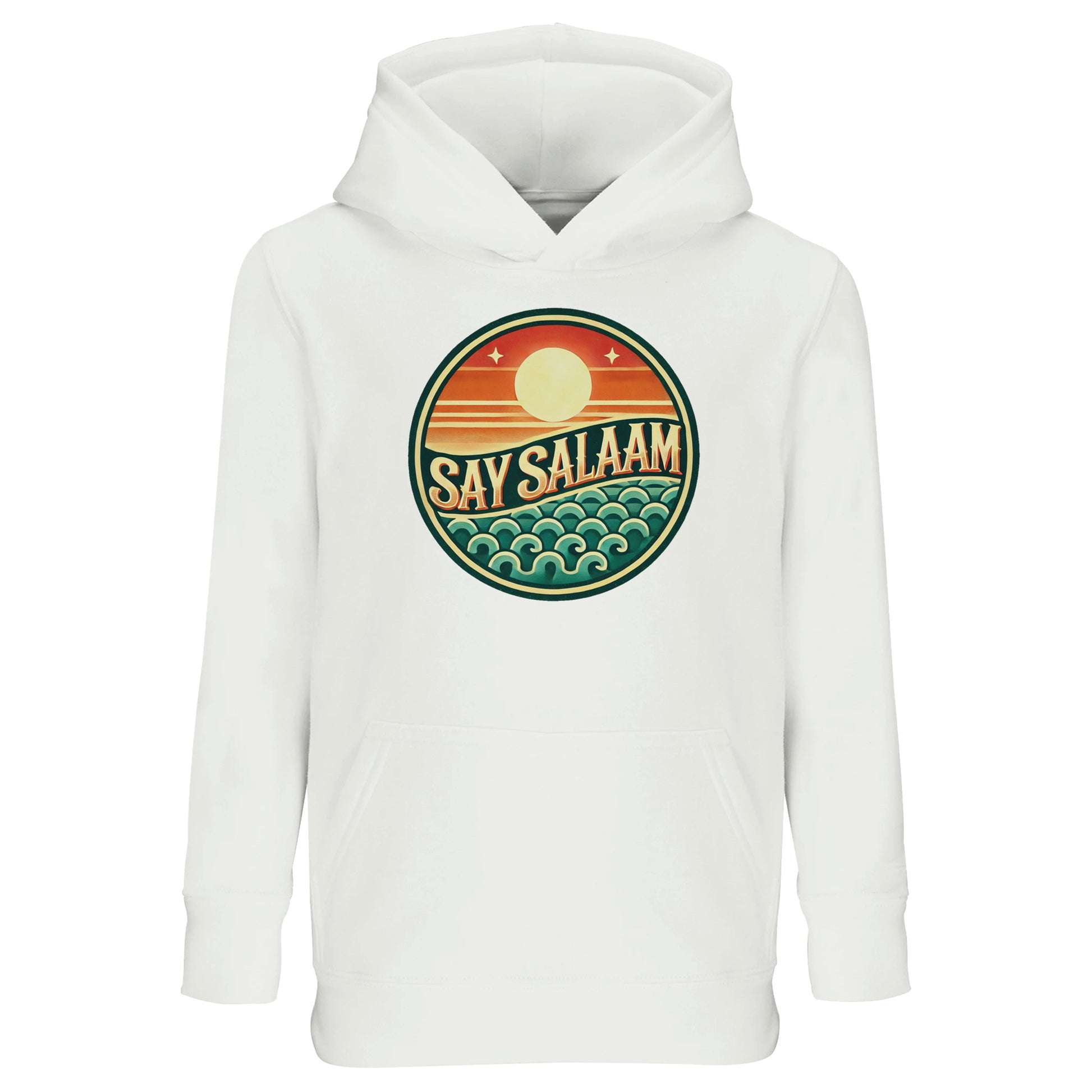 Say Salaam Sunset Glow Part-Recycled Cotton-Poly Kids Hoodie in White, a crisp white tone comparable to platinum white with a clean bright finish. Features the bold circular Sunset Glow badge on the chest, showcasing a rising sun over layered horizon stripes and stylised ocean waves in warm orange, deep red and teal green. Made from a cotton and recycled polyester blend with brushed fleece lining for warmth. Relaxed fit allows easy movement for school, mosque visits and everyday modest streetwear.