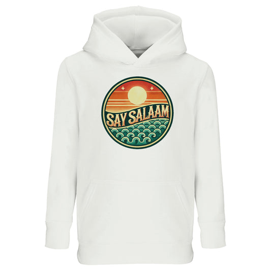 Say Salaam Sunset Glow Part-Recycled Cotton-Poly Kids Hoodie in White, a crisp white tone comparable to platinum white with a clean bright finish. Features the bold circular Sunset Glow badge on the chest, showcasing a rising sun over layered horizon stripes and stylised ocean waves in warm orange, deep red and teal green. Made from a cotton and recycled polyester blend with brushed fleece lining for warmth. Relaxed fit allows easy movement for school, mosque visits and everyday modest streetwear.