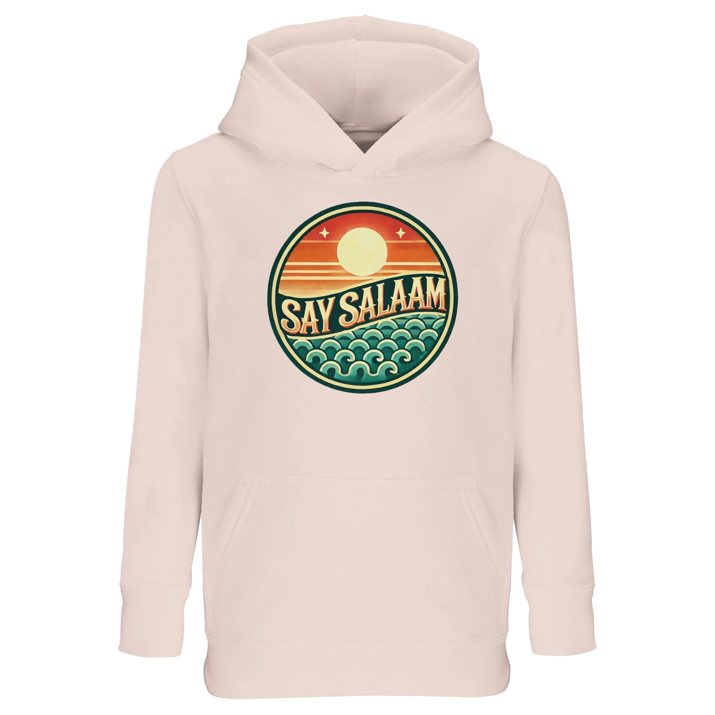 Say Salaam Sunset Glow Part-Recycled Cotton-Poly Kids Hoodie in creamy pink, a soft blush shade similar to oyster pink with gentle pastel warmth. The bold circular sunset logo contrasts beautifully against the light base, featuring layered sun and wave detailing in retro tones. Made from a cotton and recycled polyester blend with brushed fleece lining for comfort. Relaxed fit hoodie ideal for school, community events and modest streetwear styling.