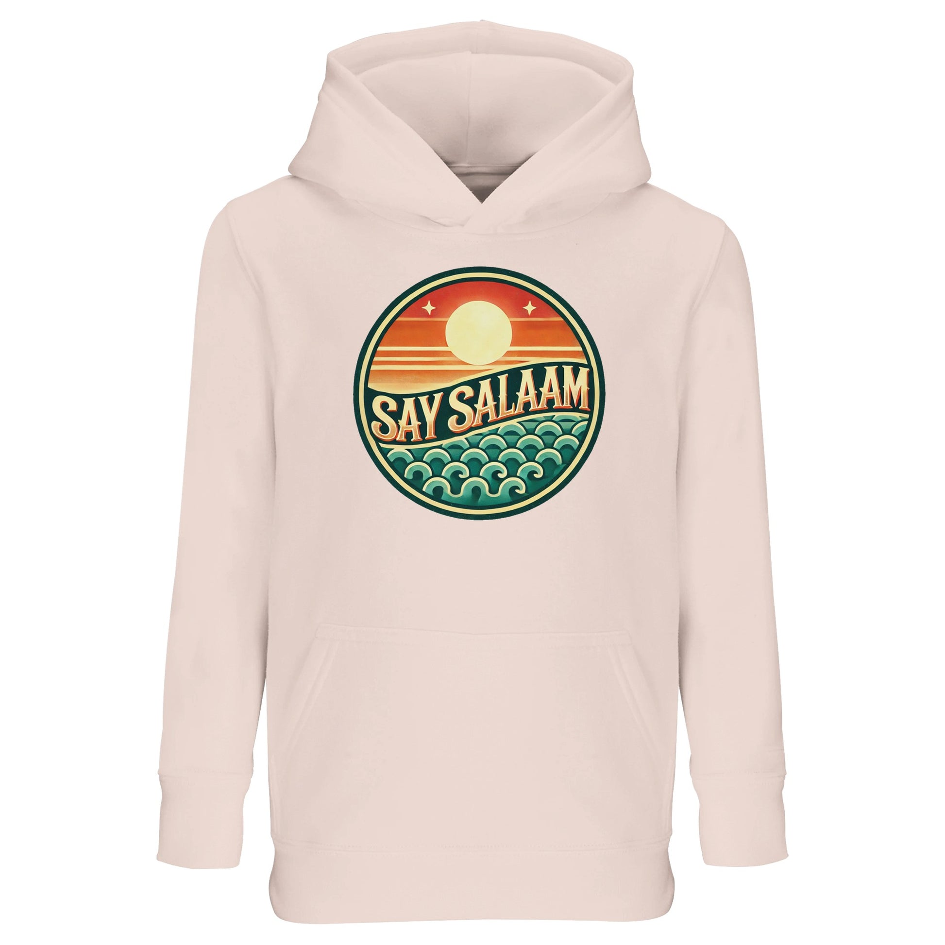 Say Salaam Sunset Glow Part-Recycled Cotton-Poly Kids Hoodie in creamy pink, a soft blush shade similar to oyster pink with gentle pastel warmth. The bold circular sunset logo contrasts beautifully against the light base, featuring layered sun and wave detailing in retro tones. Made from a cotton and recycled polyester blend with brushed fleece lining for comfort. Relaxed fit hoodie ideal for school, community events and modest streetwear styling.