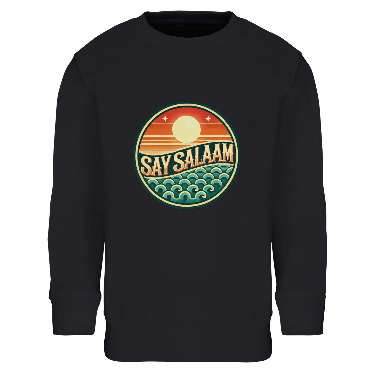 Say Salaam Sunset Glow Part-Recycled Cotton-Poly Kids Sweatshirt in Black, a deep black jet tone comparable to Zeus charcoal black. The circular sunset logo glows vibrantly against the dark background, highlighting warm orange sun gradients and teal ocean wave detailing. Constructed from cotton and recycled polyester with brushed fleece lining for warmth and durability. Ribbed cuffs and hem provide long-term shape retention. A sleek modest kids sweatshirt combining football culture and bold Muslim identity.