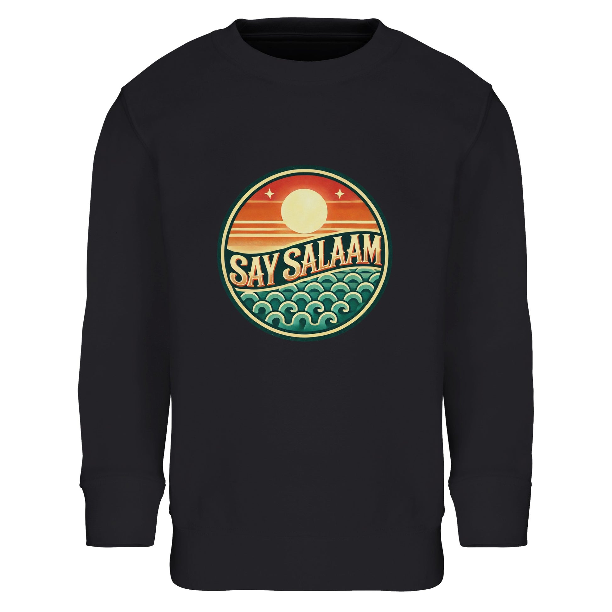Say Salaam Sunset Glow Part-Recycled Cotton-Poly Kids Sweatshirt in Black, a deep black jet tone comparable to Zeus charcoal black. The circular sunset logo glows vibrantly against the dark background, highlighting warm orange sun gradients and teal ocean wave detailing. Constructed from cotton and recycled polyester with brushed fleece lining for warmth and durability. Ribbed cuffs and hem provide long-term shape retention. A sleek modest kids sweatshirt combining football culture and bold Muslim identity.