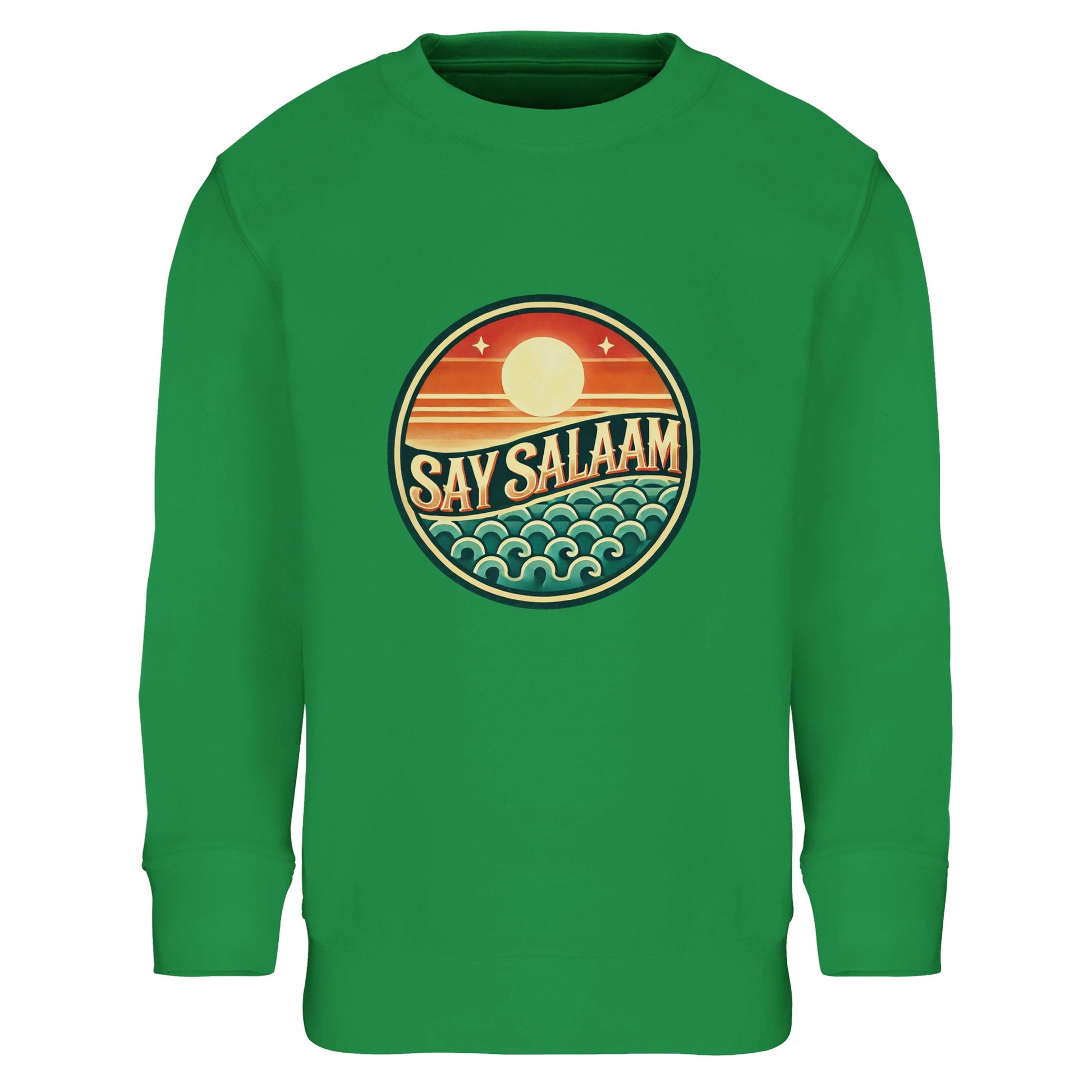 Say Salaam Sunset Glow Part-Recycled Cotton-Poly Kids Sweatshirt in Kelly Green, a vibrant fresh green shade comparable to spring green with subtle eucalyptus undertones. The circular sunset logo pops vividly against the green background, combining retro coastal styling with modern Muslim streetwear identity. Made from an cotton and 20% recycled polyester blend, this brushed fleece children’s jumper offers warmth, durability and comfort. Ideal for football fans, school outfits and expressive everyday wear.