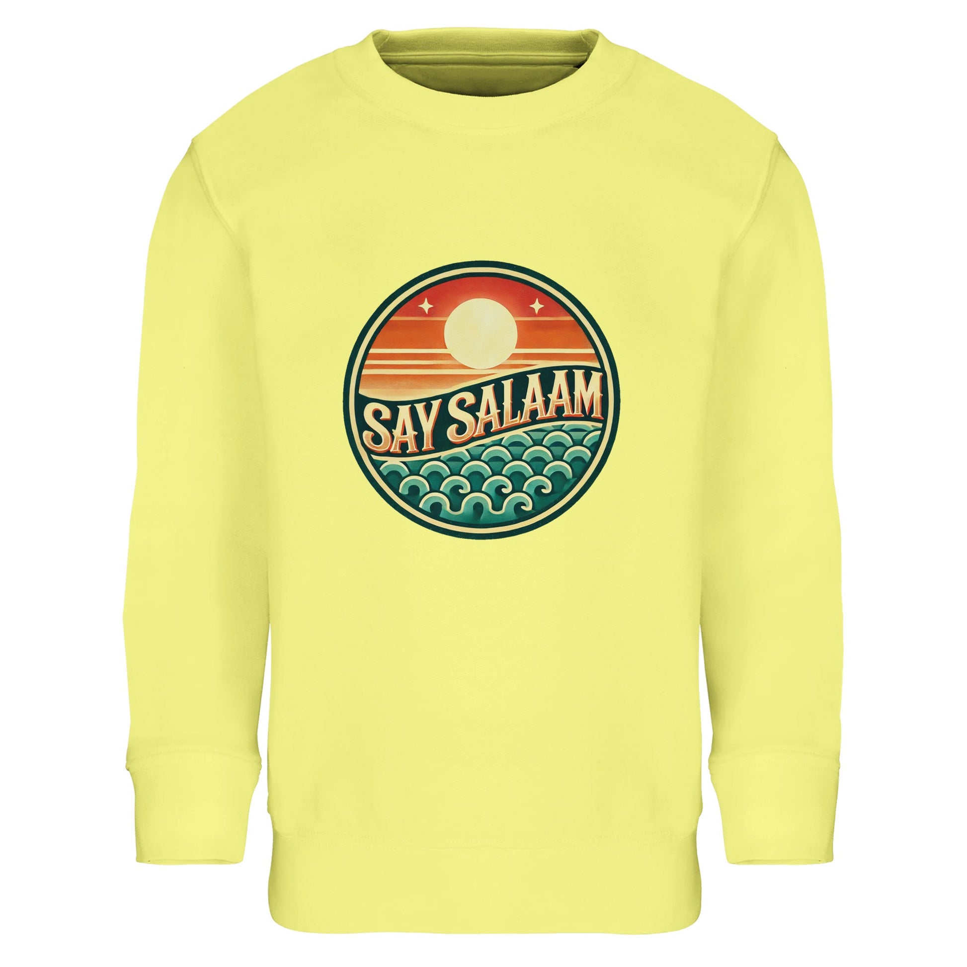 Say Salaam Sunset Glow Part-Recycled Cotton-Poly Kids Sweatshirt in Light Yellow, a soft pastel tone similar to lemon chiffon with bright sunny warmth. The bold circular Sunset Glow emblem features sun, horizon and wave in retro sunset colours, creating a vibrant contrast against the yellow base. Crafted fromcotton and recycled polyester with brushed fleece lining for comfort in cooler weather. A cheerful modest kids sweatshirt perfect for football fans, weekend wear and positive Muslim identity styling.