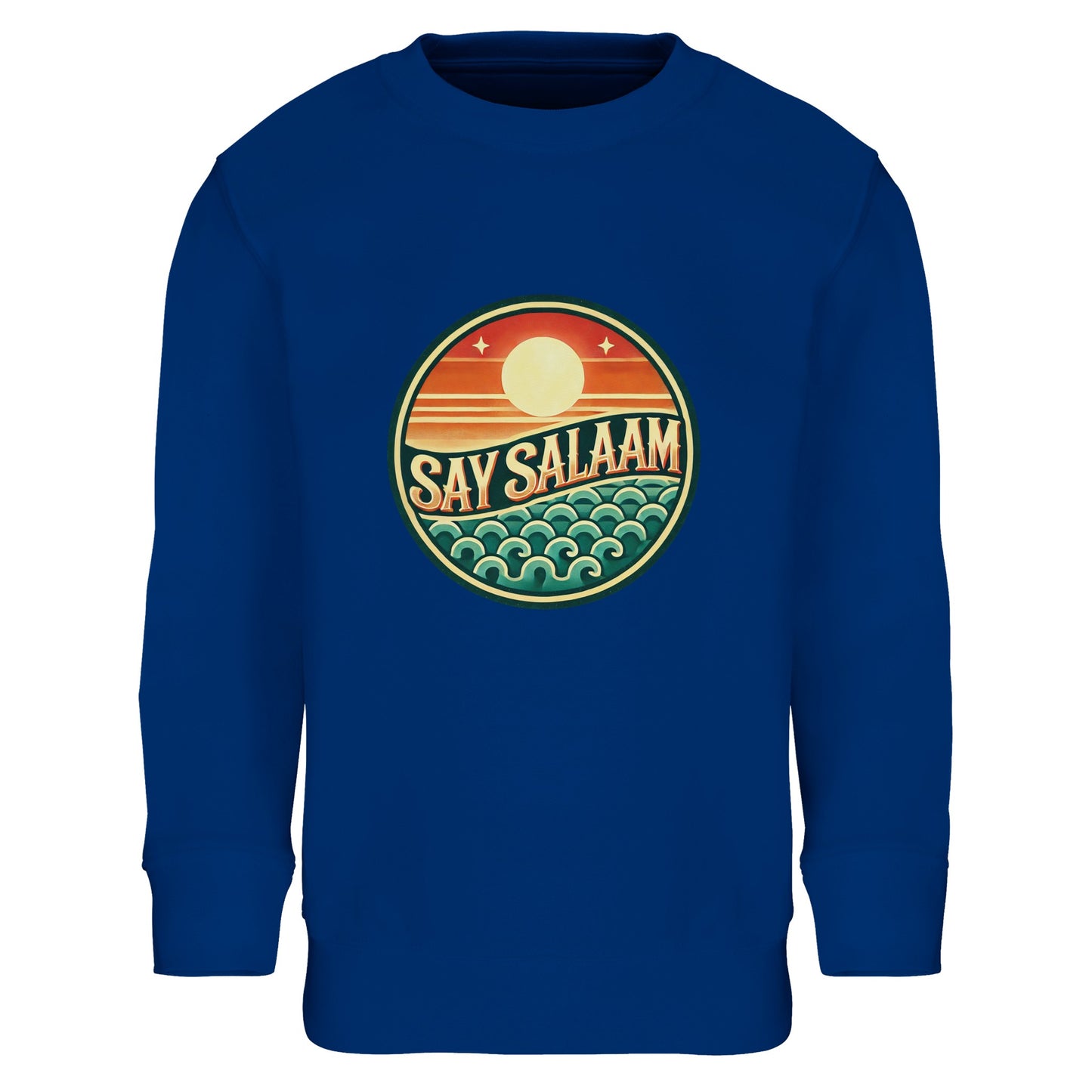 Say Salaam Sunset Glow Part-Recycled Cotton-Poly Kids Sweatshirt in Royal Blue, a vibrant cobalt blue shade with dark midnight depth. The warm sunset circle design contrasts sharply against the bold blue base, combining retro surf-inspired waves with faith-inspired messaging. Made from 80% cotton and 20% recycled polyester with brushed fleece interior for comfort. Ribbed trims maintain structure through sport and daily wear. Ideal for football fans and modest streetwear styling.