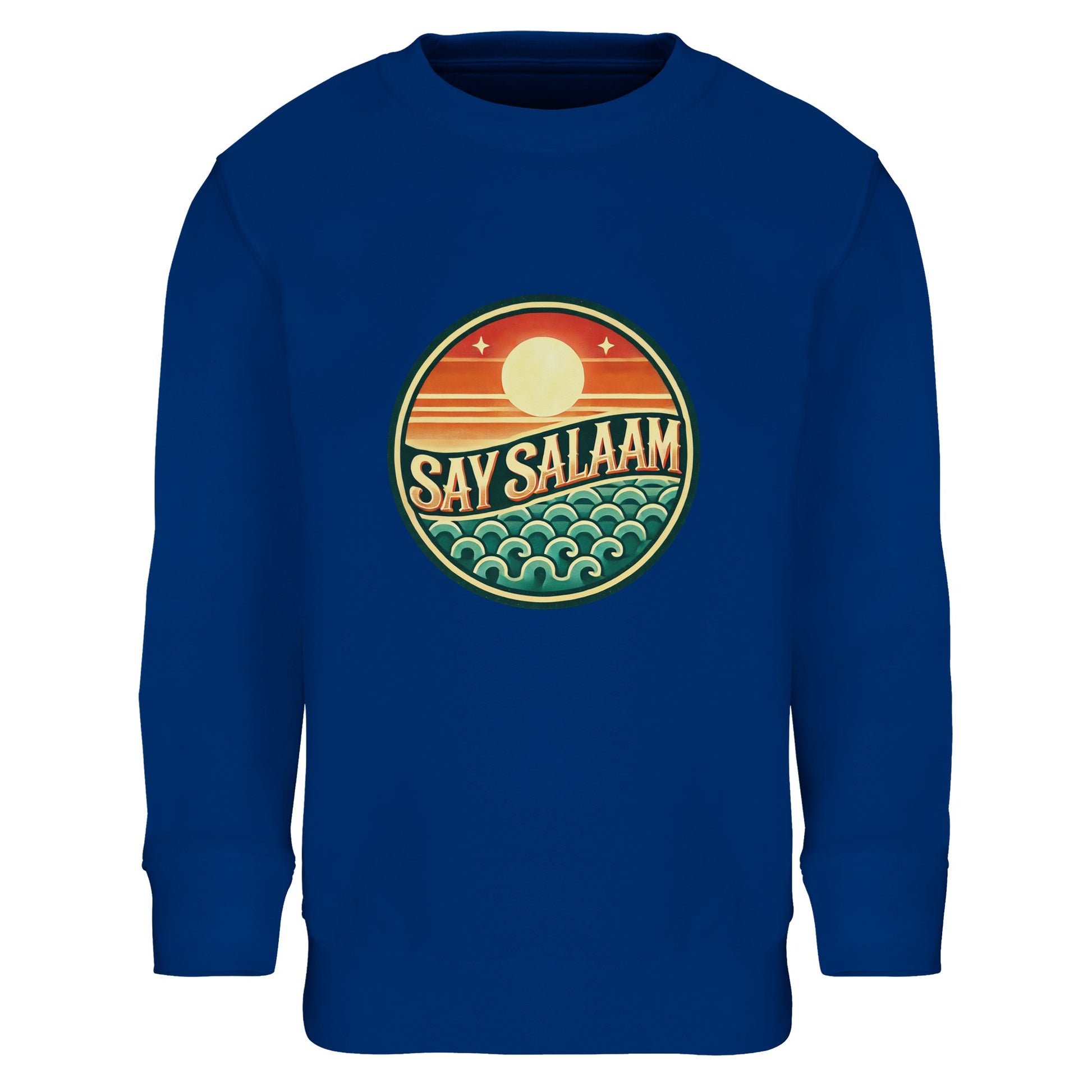 Say Salaam Sunset Glow Part-Recycled Cotton-Poly Kids Sweatshirt in Royal Blue, a vibrant cobalt blue shade with dark midnight depth. The warm sunset circle design contrasts sharply against the bold blue base, combining retro surf-inspired waves with faith-inspired messaging. Made from 80% cotton and 20% recycled polyester with brushed fleece interior for comfort. Ribbed trims maintain structure through sport and daily wear. Ideal for football fans and modest streetwear styling.