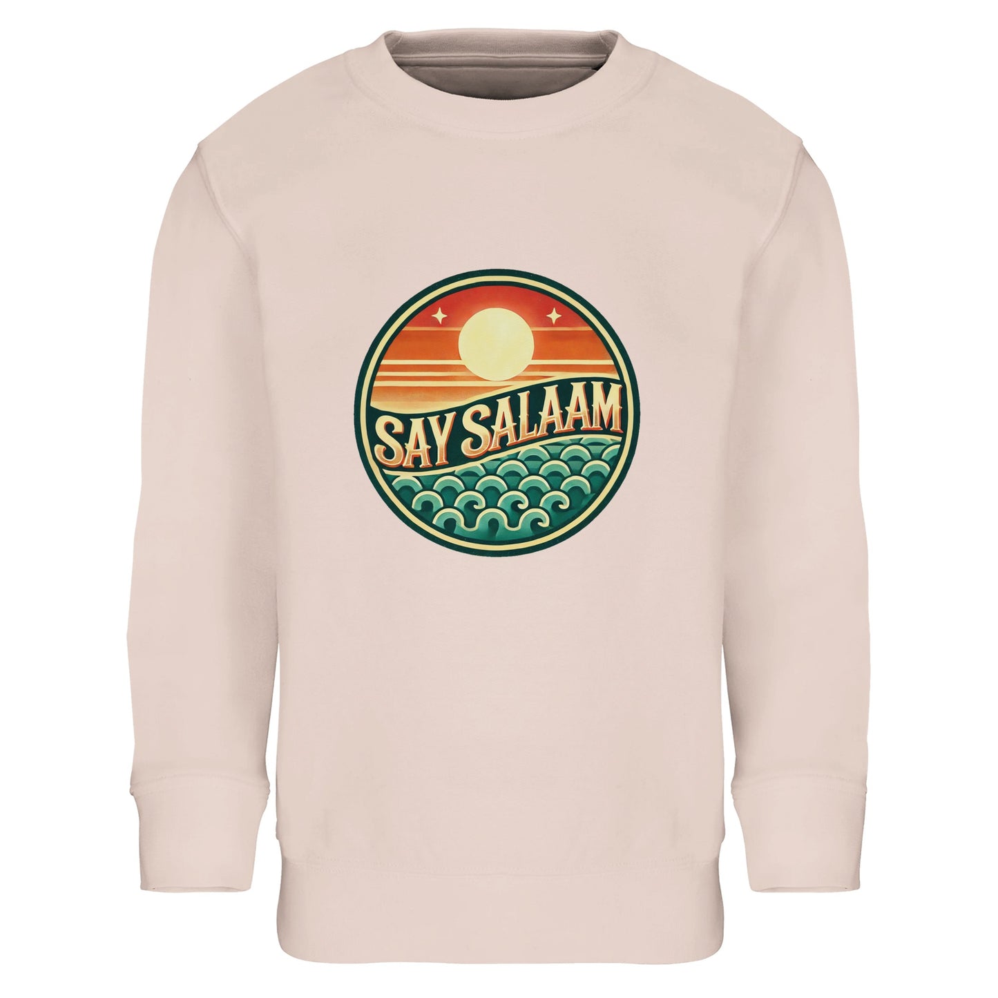 Say Salaam Sunset Glow Part-Recycled Cotton-Poly Kids Sweatshirt in creamy pink, a soft blush tone similar to oyster pink with warm pastel undertones. The bold circular Sunset Glow design contrasts beautifully against the light base, featuring sunset orange sun tones and teal wave details. Crafted from 80% cotton and 20% recycled polyester with brushed fleece lining for added warmth. Ribbed cuffs and hem support long-lasting structure. A confident modest kids sweatshirt for school, sport & everyday styling.