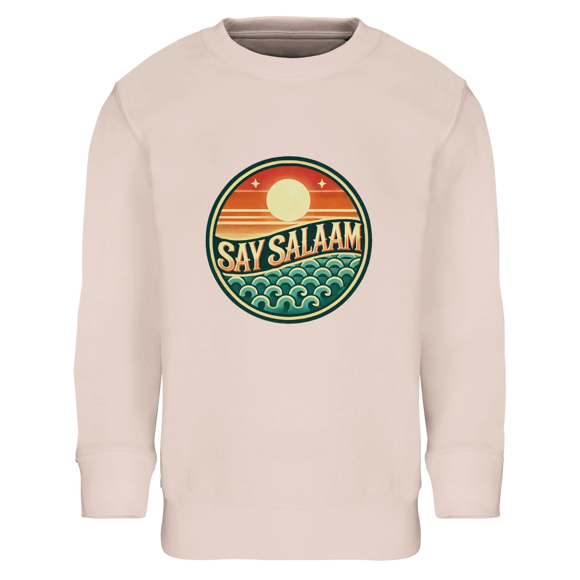 Say Salaam Sunset Glow Part-Recycled Cotton-Poly Kids Sweatshirt in creamy pink, a soft blush tone similar to oyster pink with warm pastel undertones. The bold circular Sunset Glow design contrasts beautifully against the light base, featuring sunset orange sun tones and teal wave details. Crafted from 80% cotton and 20% recycled polyester with brushed fleece lining for added warmth. Ribbed cuffs and hem support long-lasting structure. A confident modest kids sweatshirt for school, sport & everyday styling.