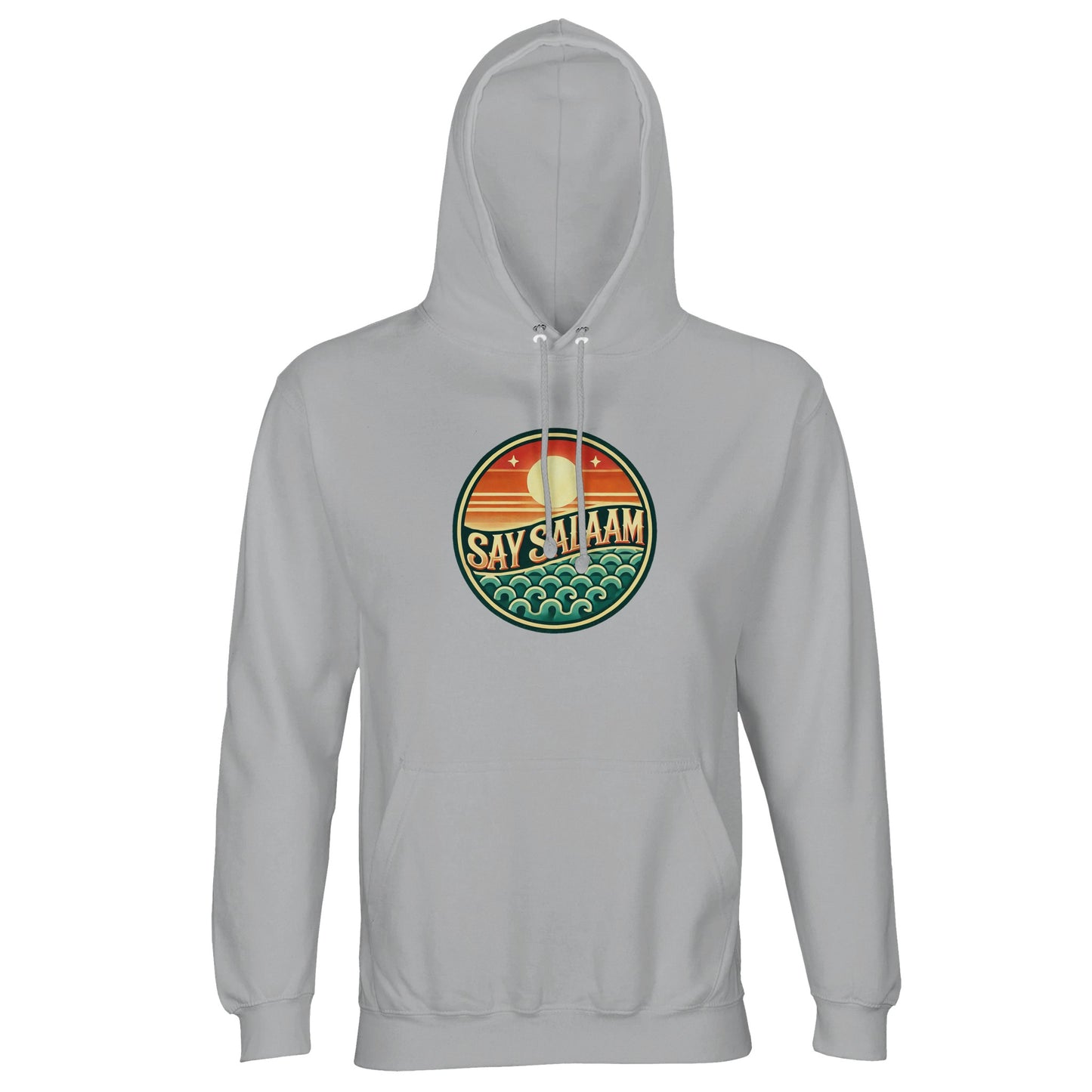 Say Salaam Sunset Glow Part-Recycled Unisex Cotton-Poly Hoodie in Ash, a soft light grey shade similar to silver chalice with subtle cool undertones. The vibrant sunset badge contrasts clearly against the pale neutral base, blending orange dusk gradients with teal wave detailing. Crafted from cotton and recycled polyester, GRS certified, featuring brushed fleece interior and 280gsm fabric weight for warmth. A versatile unisex hoodie suited for campus wear and modest contemporary fashion.
