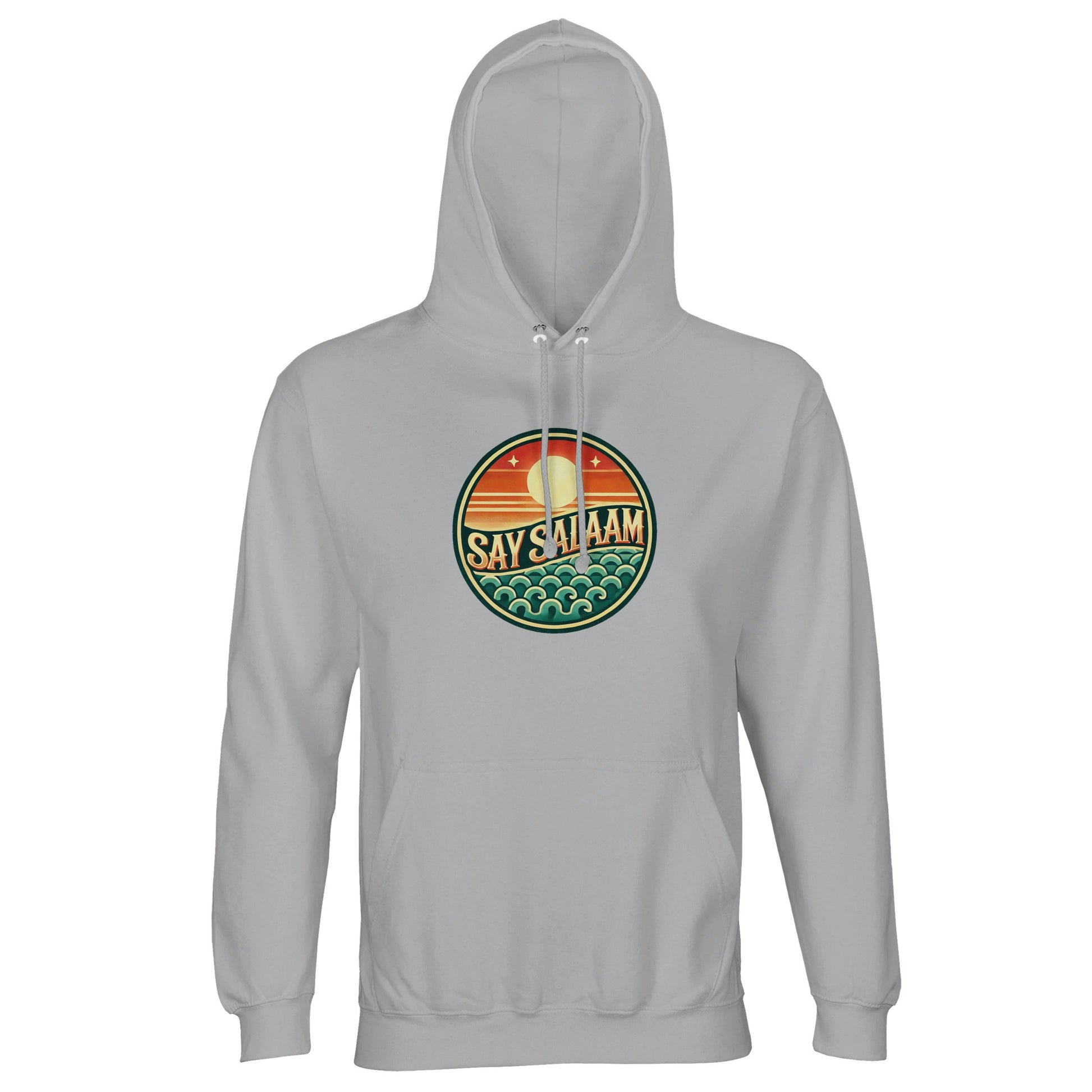 Say Salaam Sunset Glow Part-Recycled Unisex Cotton-Poly Hoodie in Ash, a soft light grey shade similar to silver chalice with subtle cool undertones. The vibrant sunset badge contrasts clearly against the pale neutral base, blending orange dusk gradients with teal wave detailing. Crafted from cotton and recycled polyester, GRS certified, featuring brushed fleece interior and 280gsm fabric weight for warmth. A versatile unisex hoodie suited for campus wear and modest contemporary fashion.